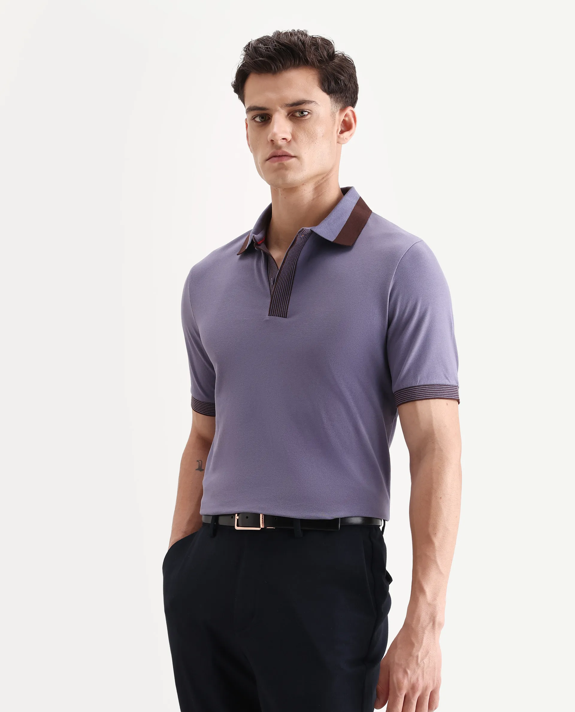 Rare Rabbit Men's Dane Dark Purple Cotton Blend Plain Regular Fit Half Sleeve Polo - Image 5