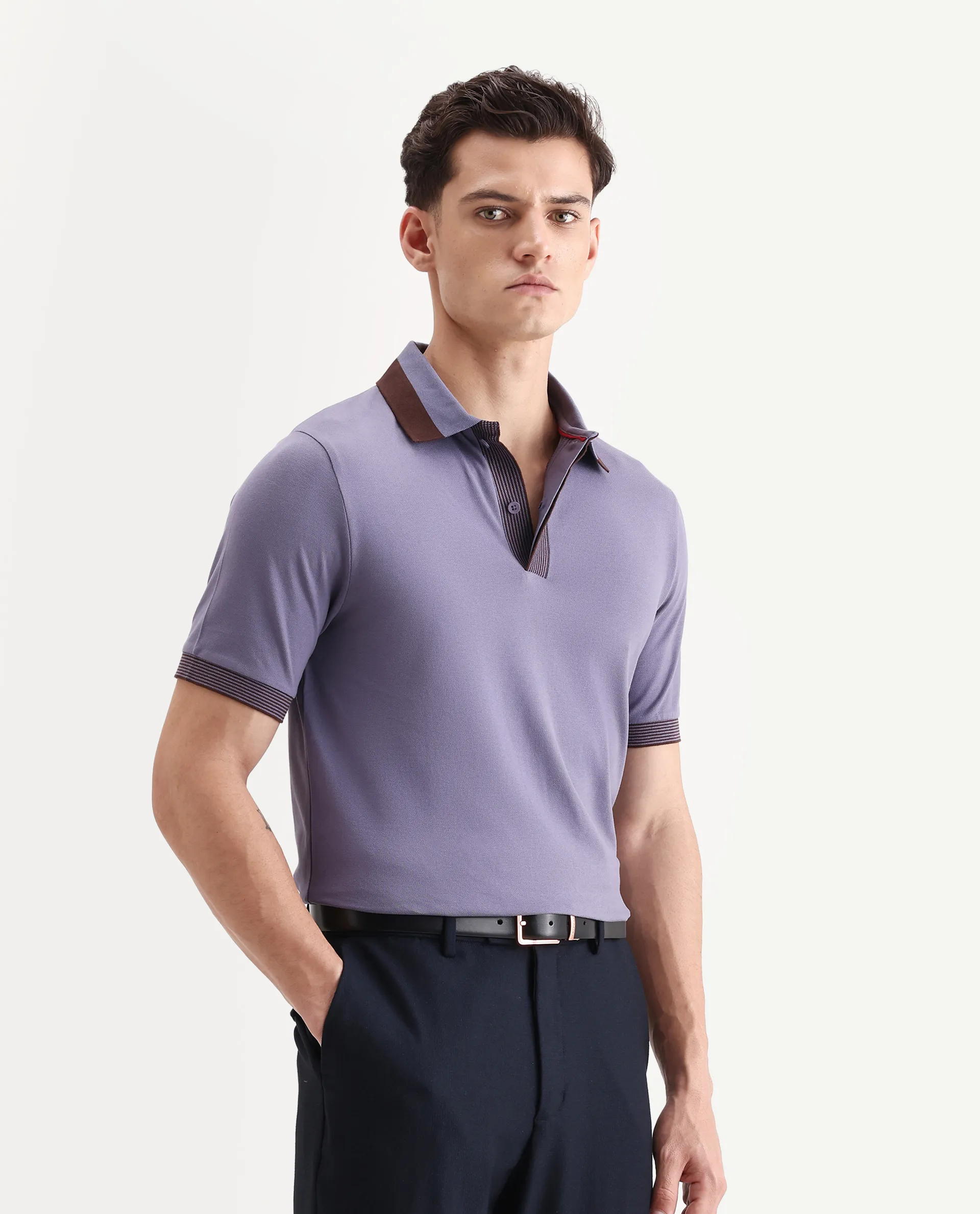Rare Rabbit Men's Dane Dark Purple Cotton Blend Plain Regular Fit Half Sleeve Polo - Image 6