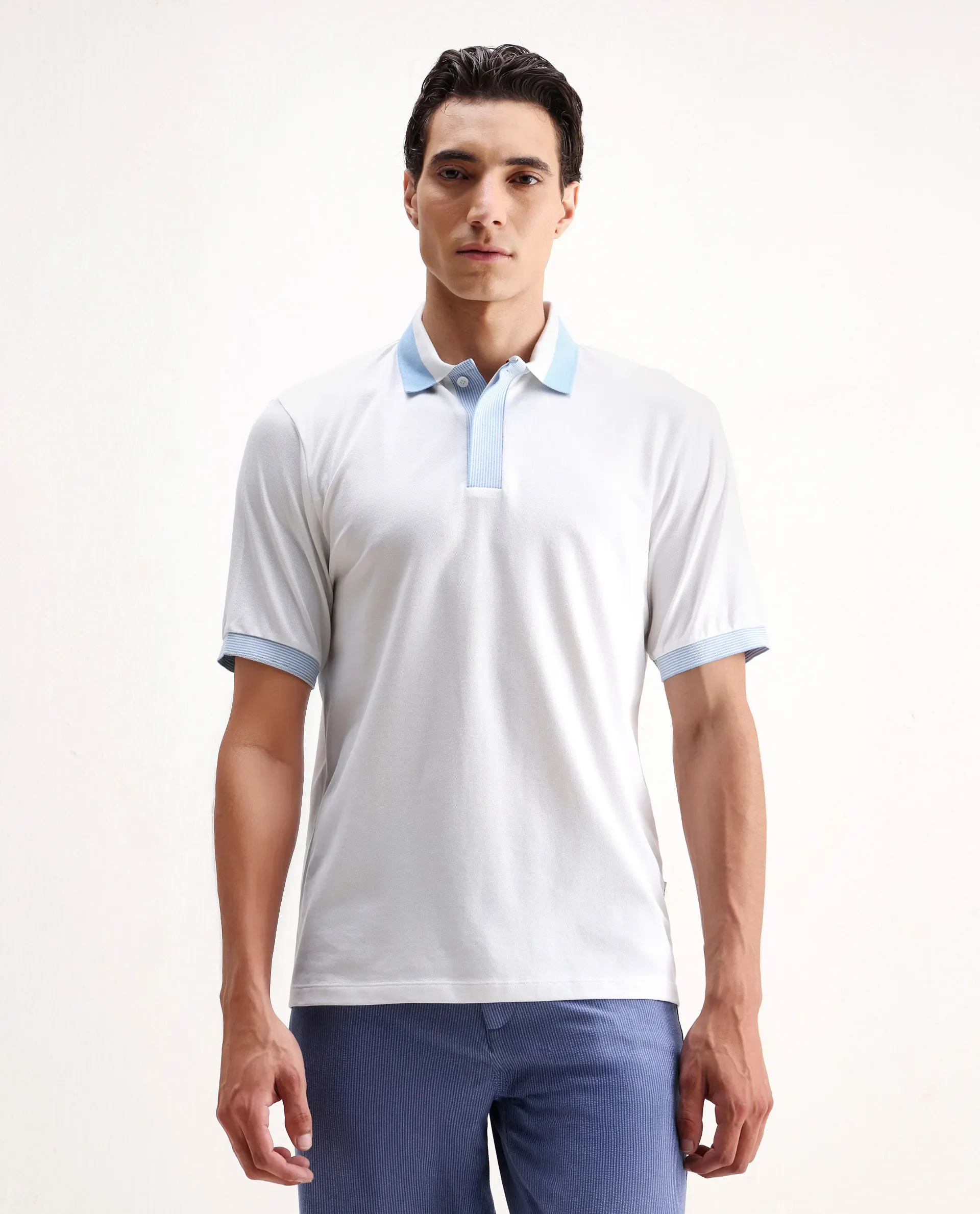 Rare Rabbit Men's Dane White Cotton Blend Plain Regular Fit Half Sleeve Polo - Image 4