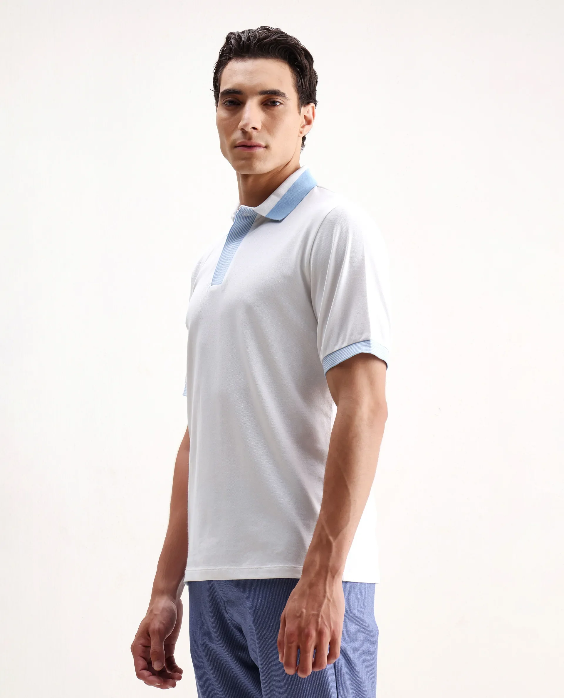 Rare Rabbit Men's Dane White Cotton Blend Plain Regular Fit Half Sleeve Polo - Image 5