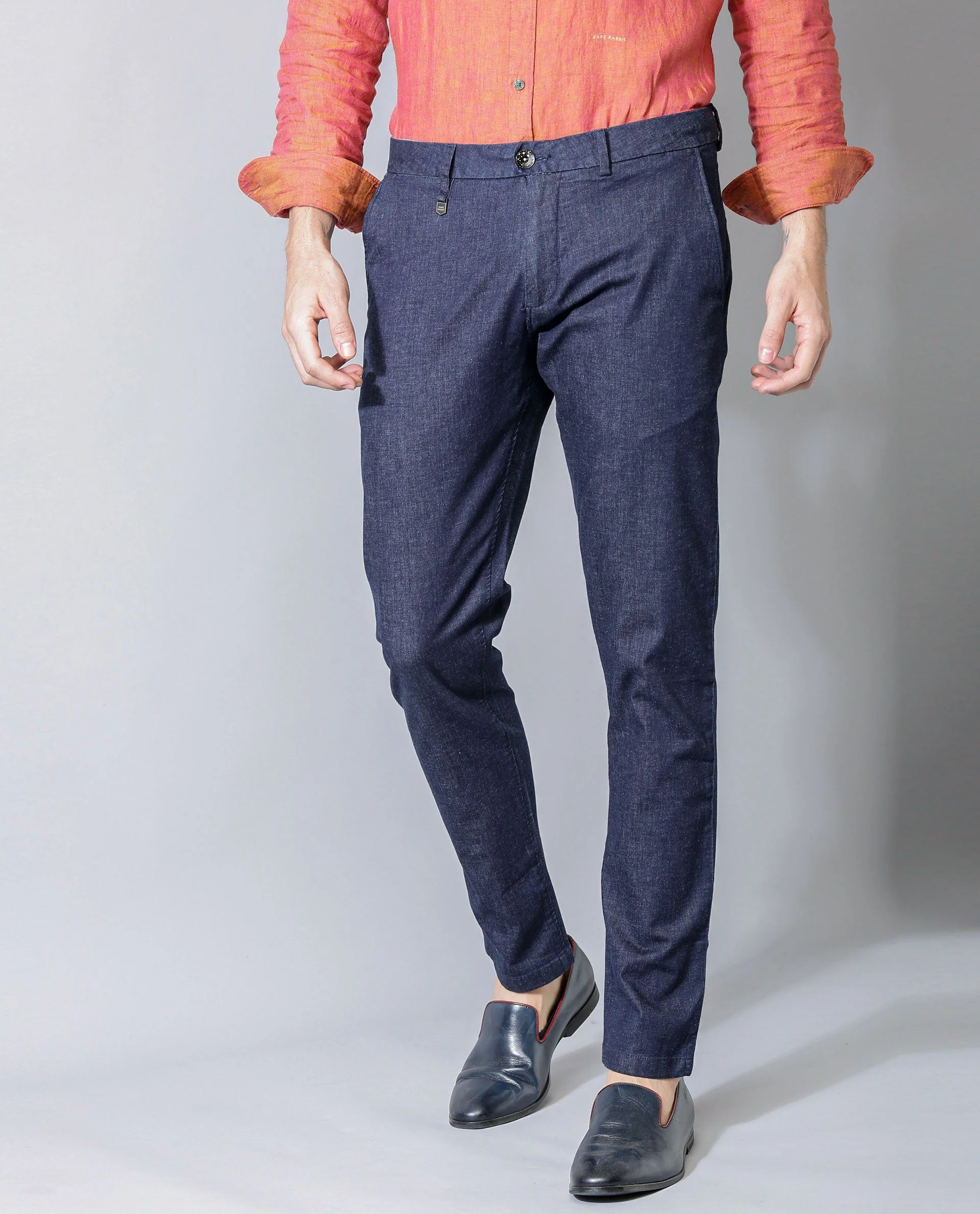 Rare Rabbit Men's Dane Blue Cotton Plain Tapered Fit Trouser