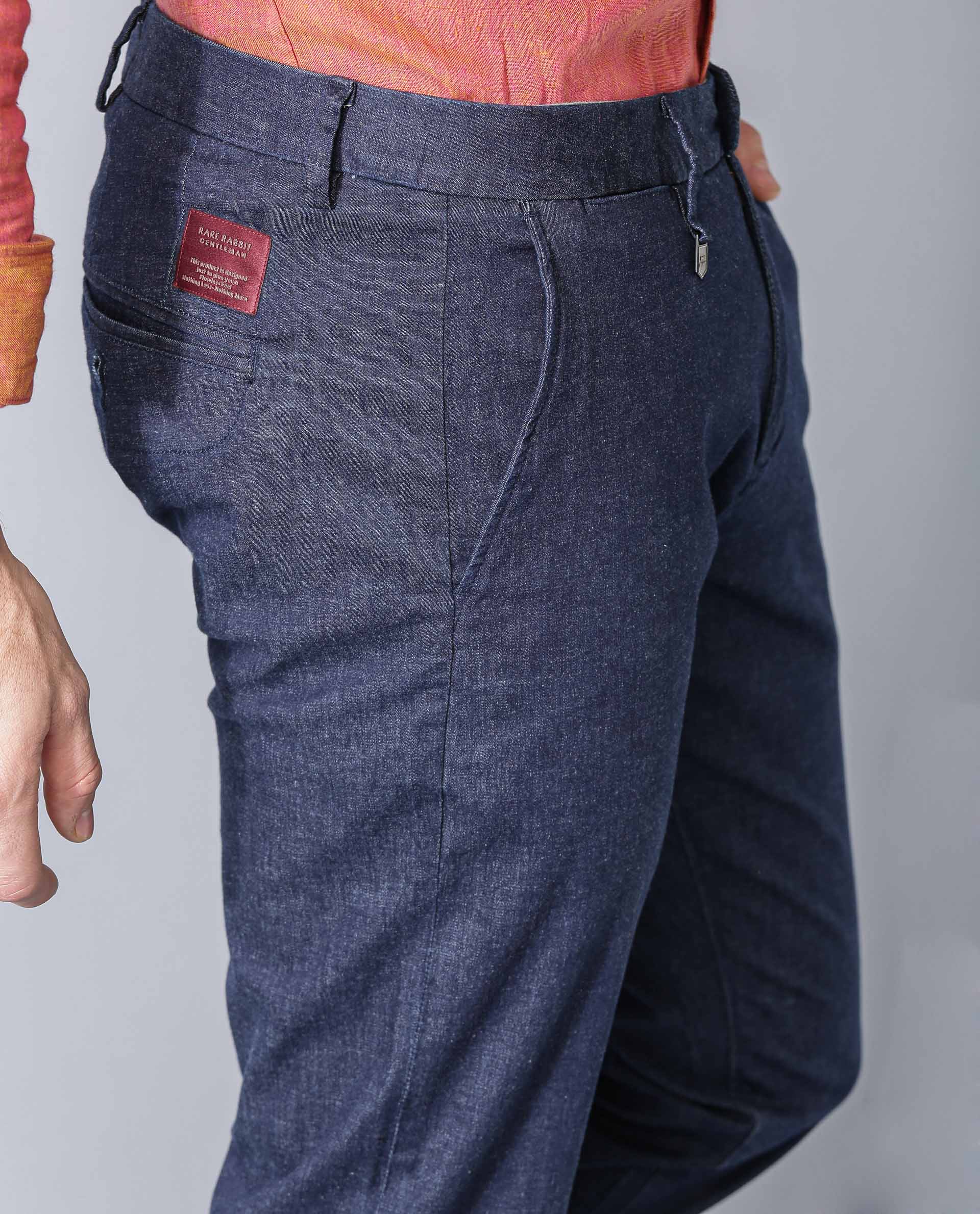 Rare Rabbit Men's Dane Blue Cotton Plain Tapered Fit Trouser - Image 2