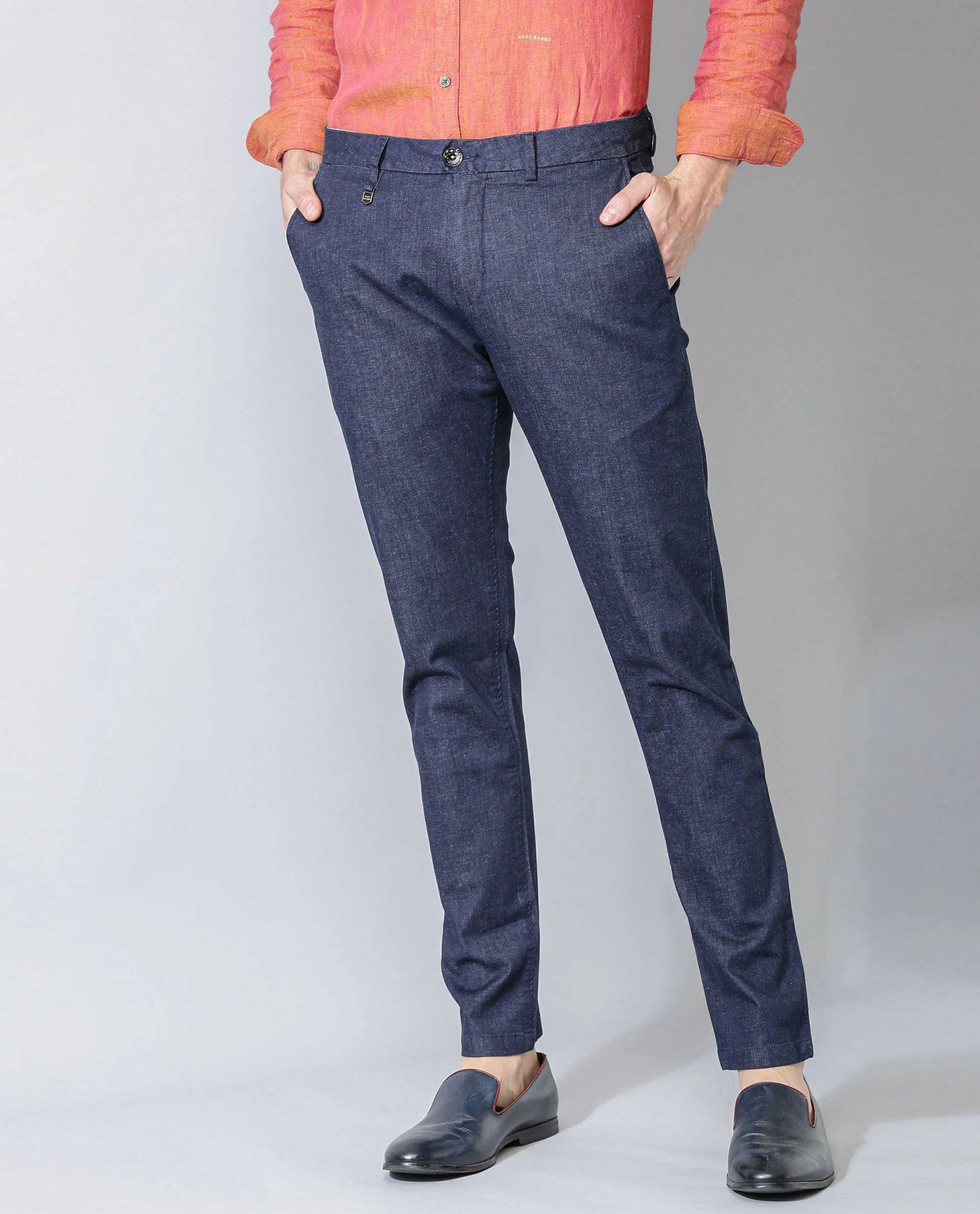 Rare Rabbit Men's Dane Blue Cotton Plain Tapered Fit Trouser - Image 4
