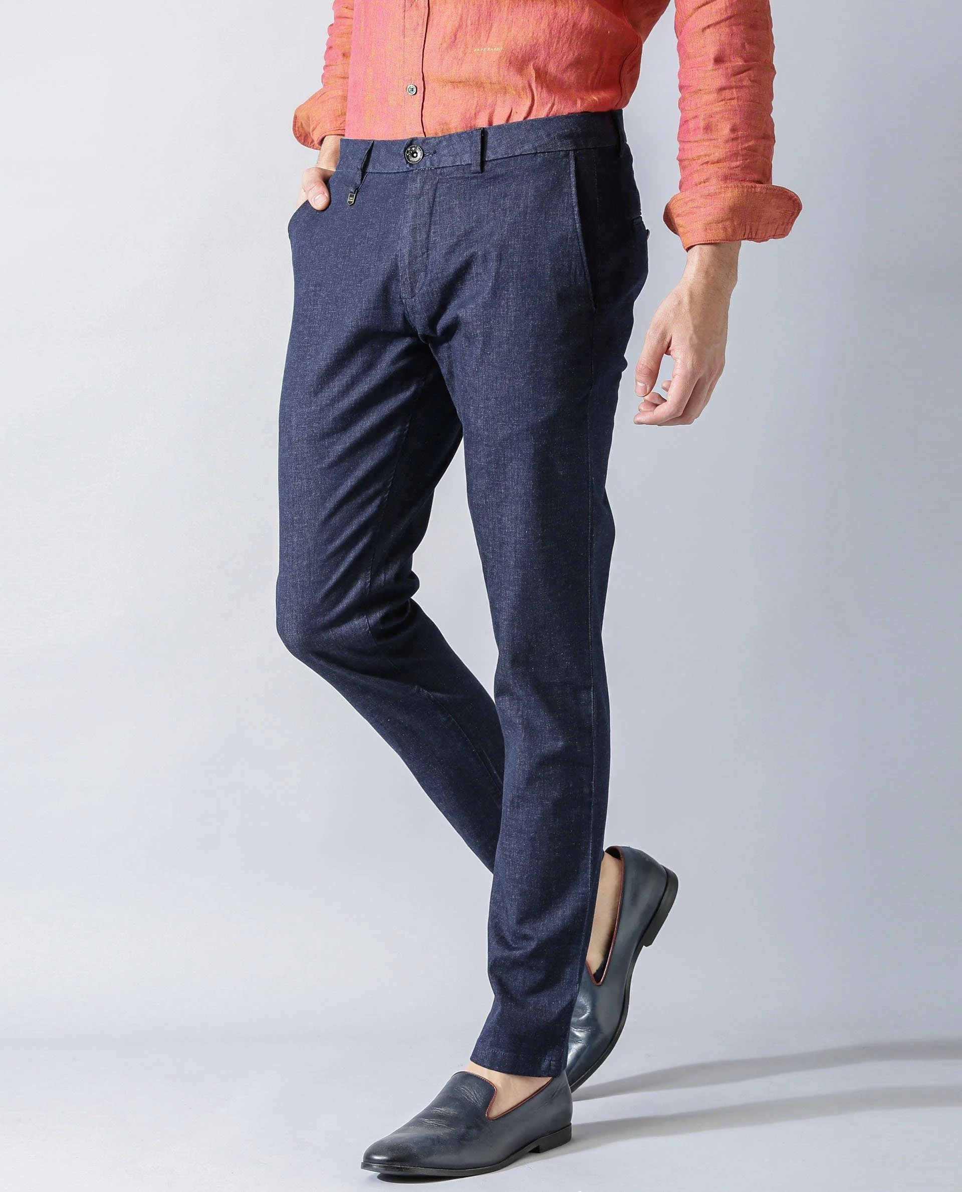 Rare Rabbit Men's Dane Blue Cotton Plain Tapered Fit Trouser - Image 5