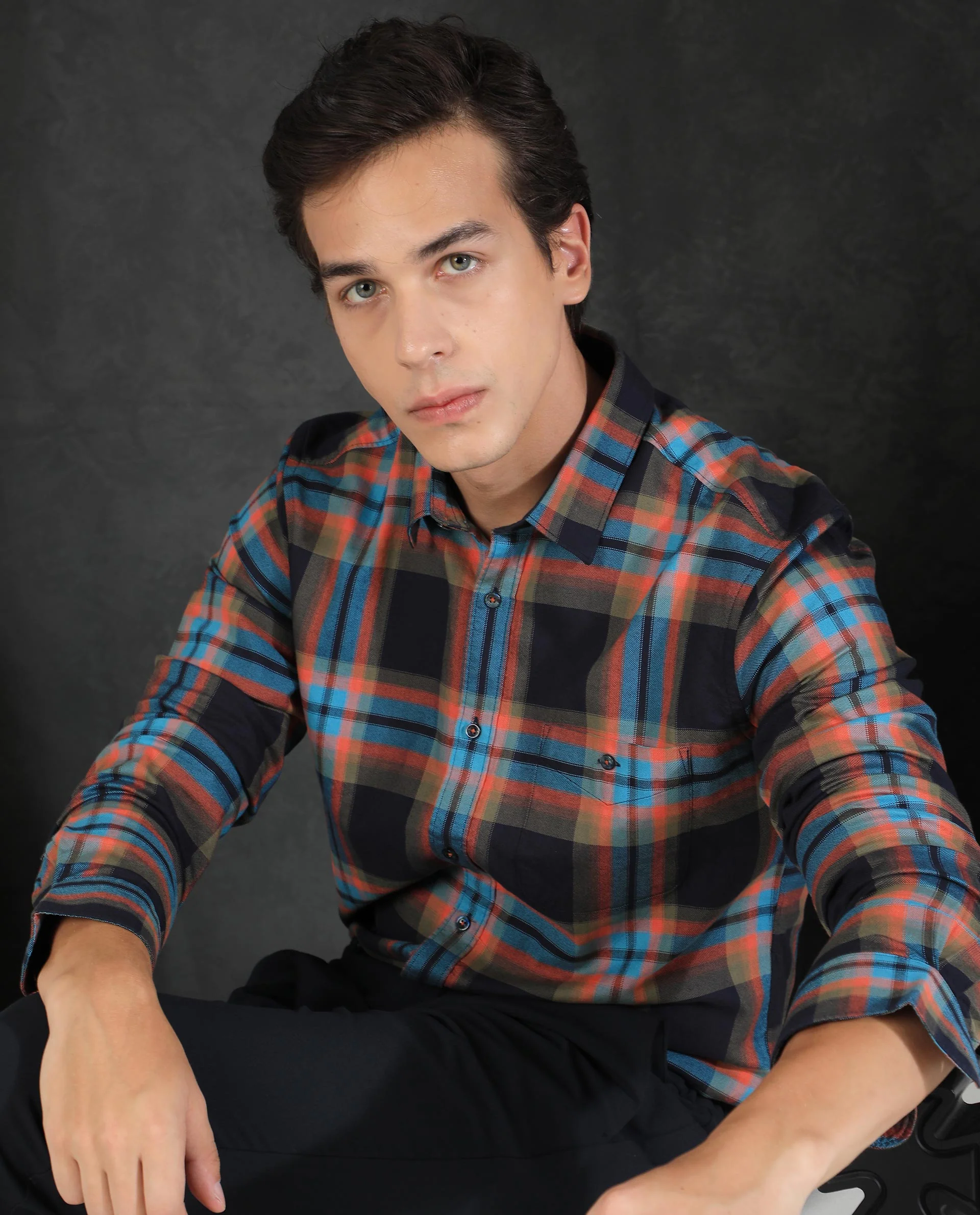 Rare Rabbit Men's Daneil Navy Cotton Checked Print Regular Fit Full Sleeve Collared Shirt - Image 2