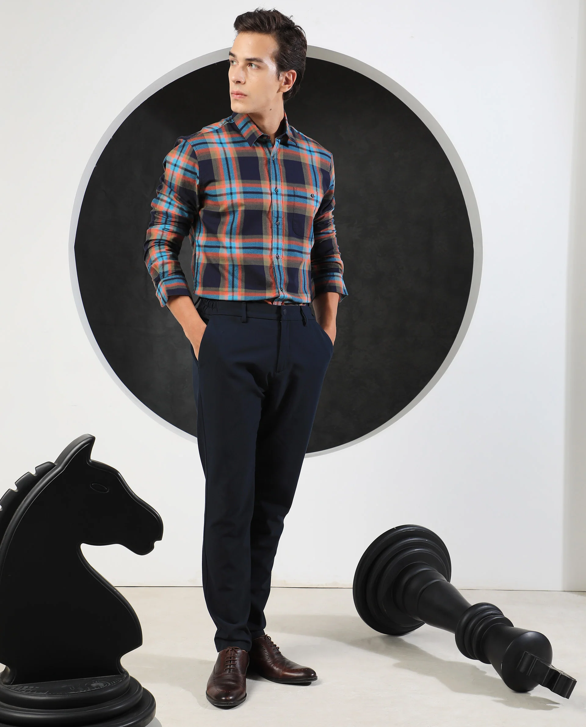 Rare Rabbit Men's Daneil Navy Cotton Checked Print Regular Fit Full Sleeve Collared Shirt - Image 3