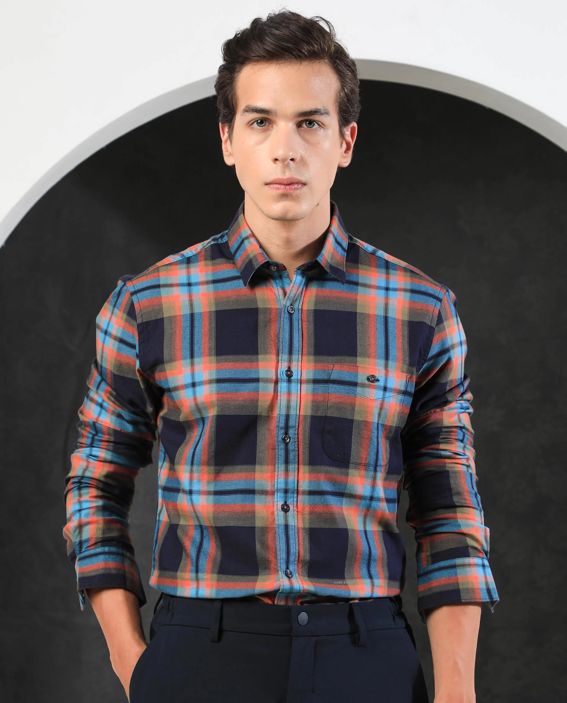 Rare Rabbit Men's Daneil Navy Cotton Checked Print Regular Fit Full Sleeve Collared Shirt - Image 4
