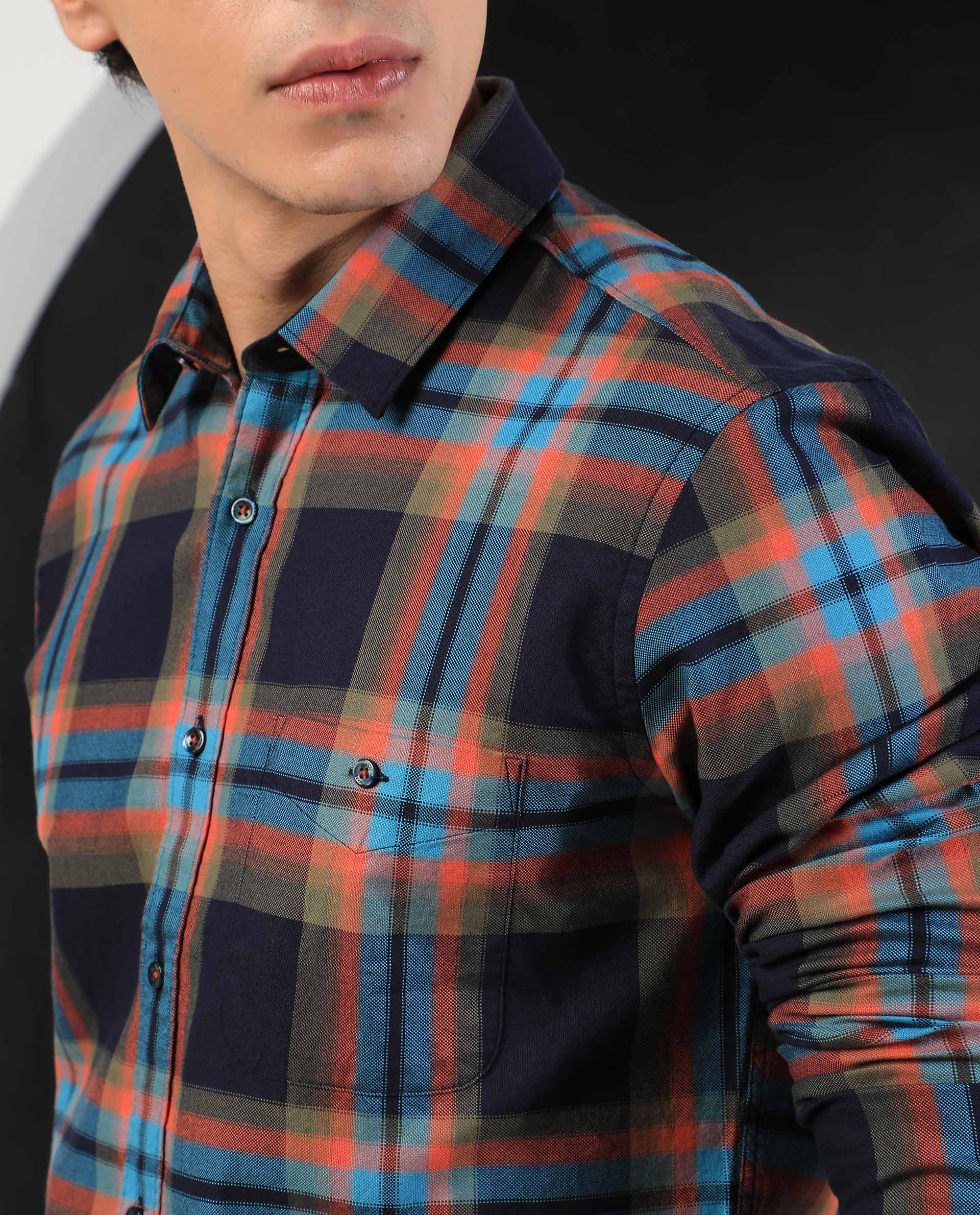 Rare Rabbit Men's Daneil Navy Cotton Checked Print Regular Fit Full Sleeve Collared Shirt - Image 5
