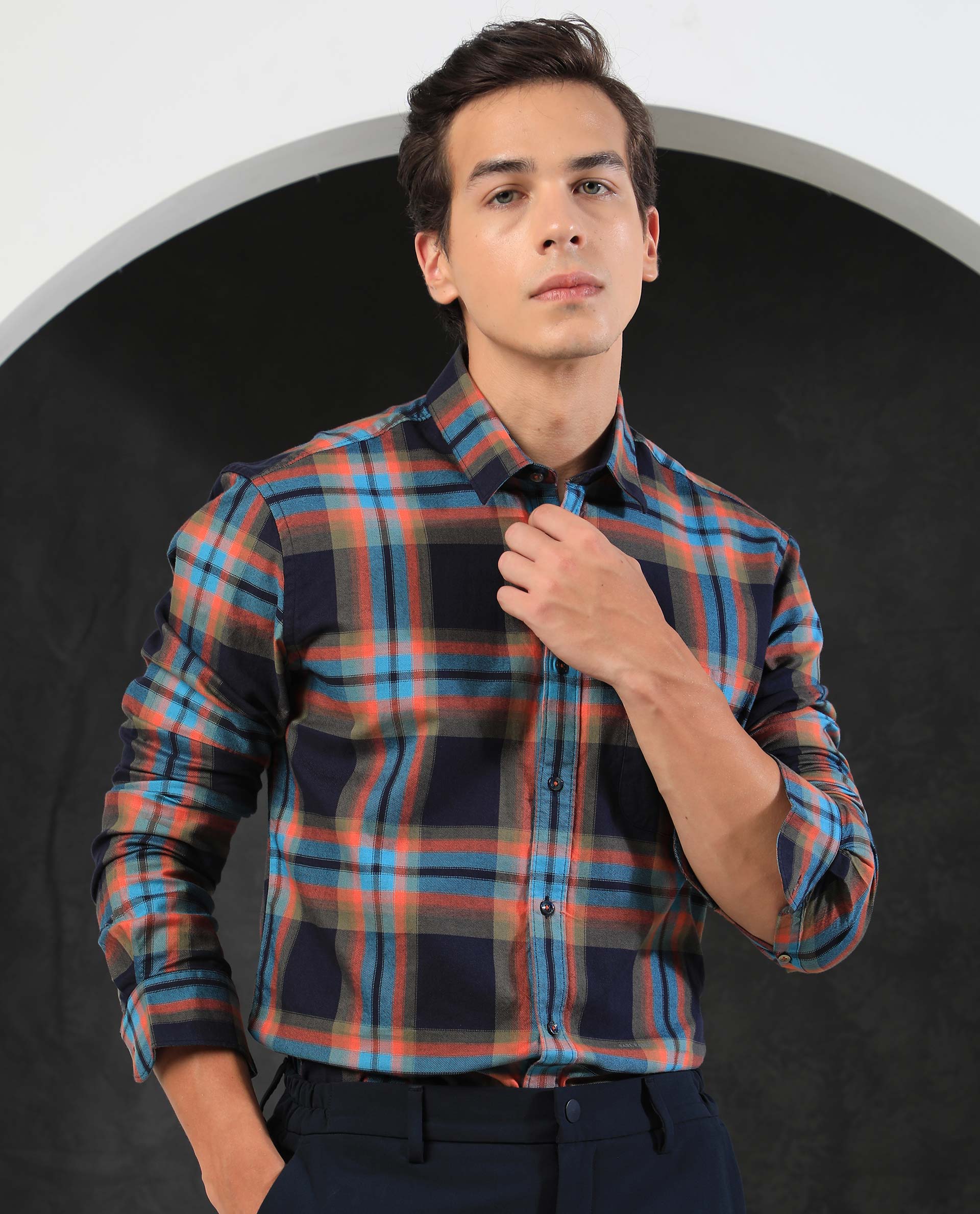 Rare Rabbit Men's Daneil Navy Cotton Checked Print Regular Fit Full Sleeve Collared Shirt - Image 7