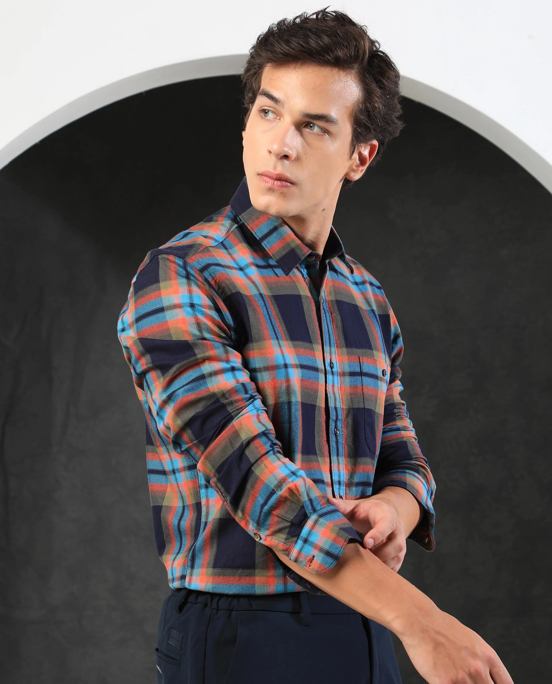 Rare Rabbit Men's Daneil Navy Cotton Checked Print Regular Fit Full Sleeve Collared Shirt - Image 8
