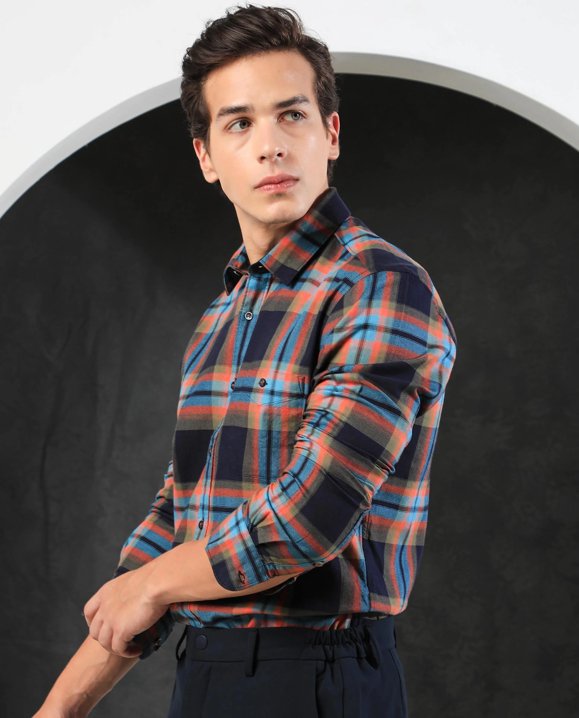 Rare Rabbit Men's Daneil Navy Cotton Checked Print Regular Fit Full Sleeve Collared Shirt - Image 9