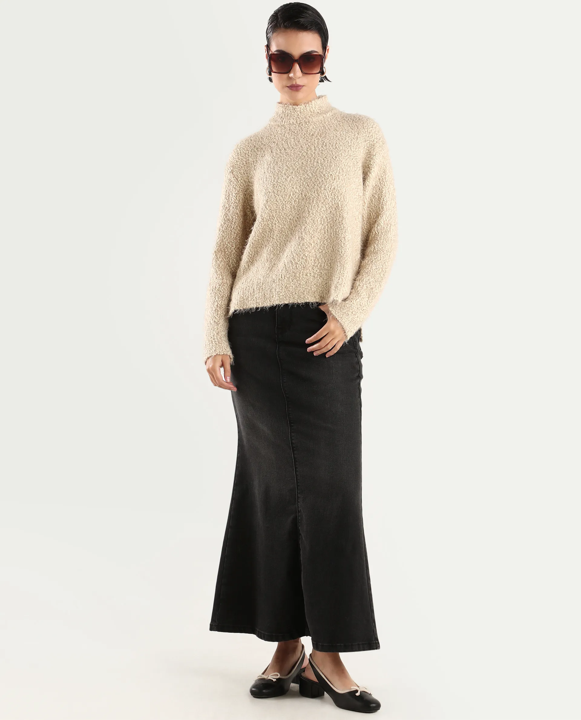 Rareism Women's Danicata Beige Polyester High Neck Plain Relaxed Fit Sweater - Image 2