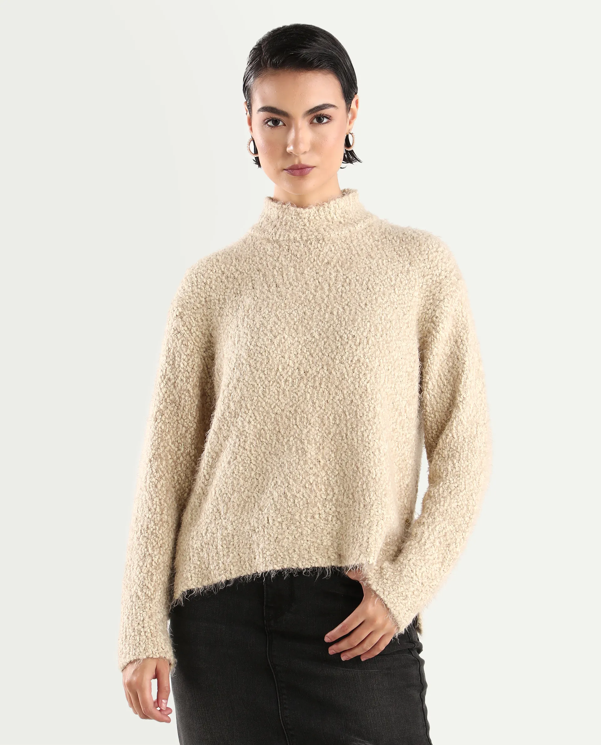 Rareism Women's Danicata Beige Polyester High Neck Plain Relaxed Fit Sweater - Image 3