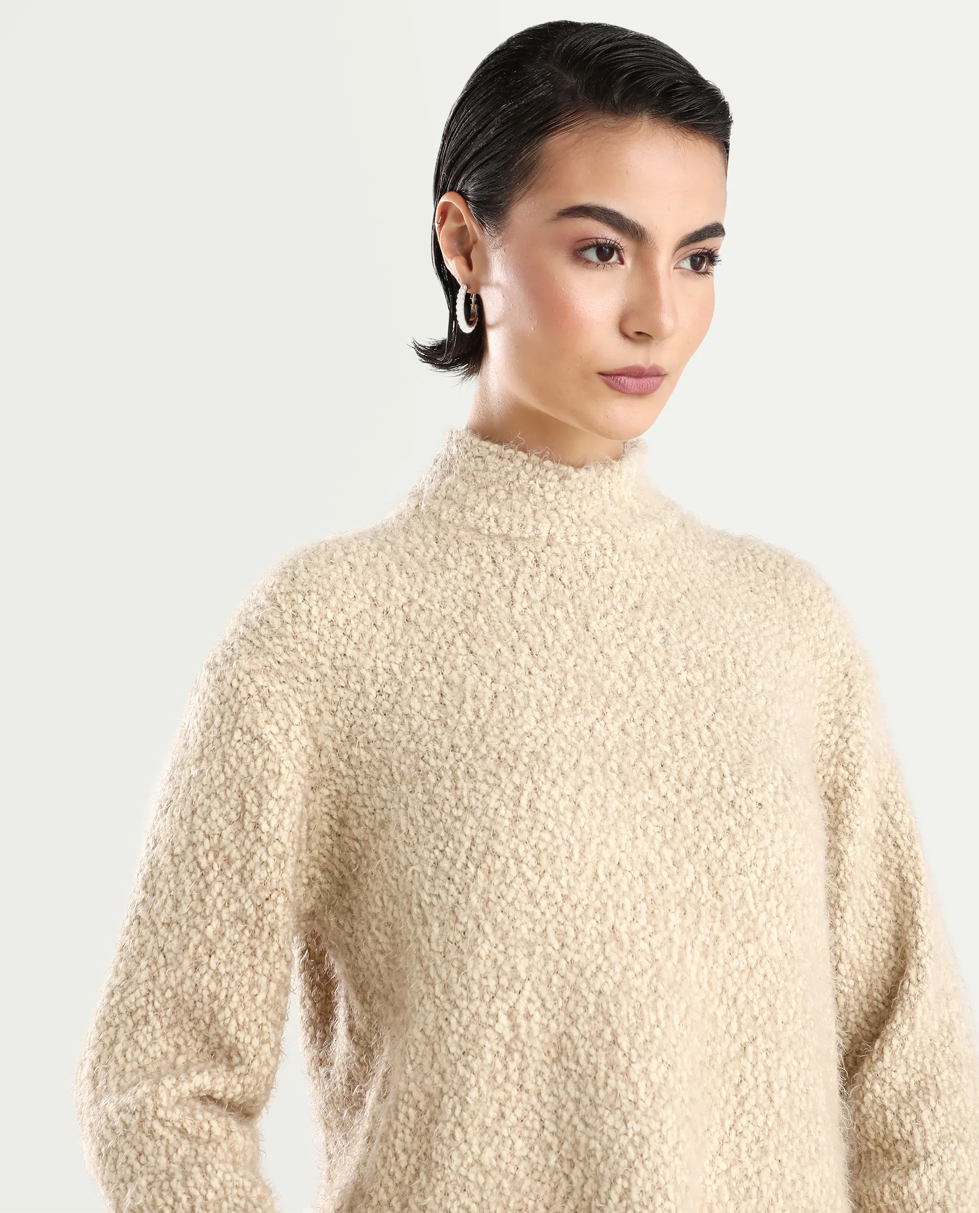 Rareism Women's Danicata Beige Polyester High Neck Plain Relaxed Fit Sweater - Image 4