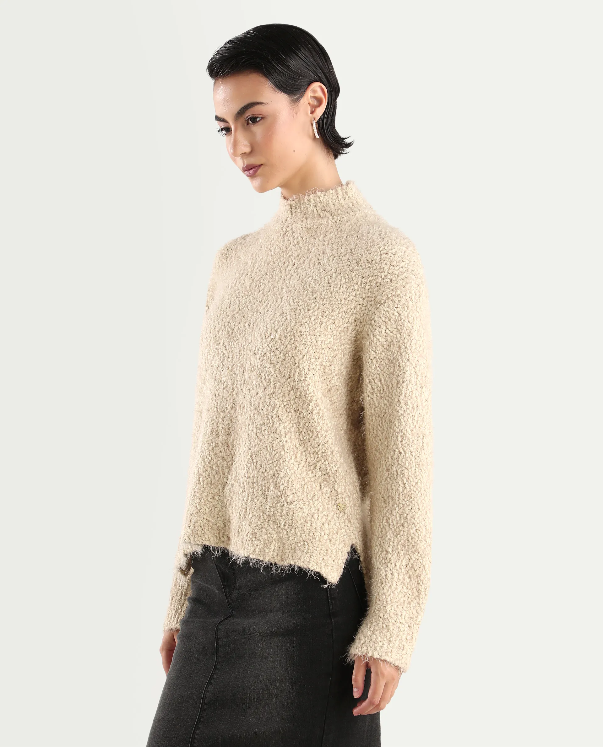 Rareism Women's Danicata Beige Polyester High Neck Plain Relaxed Fit Sweater - Image 5