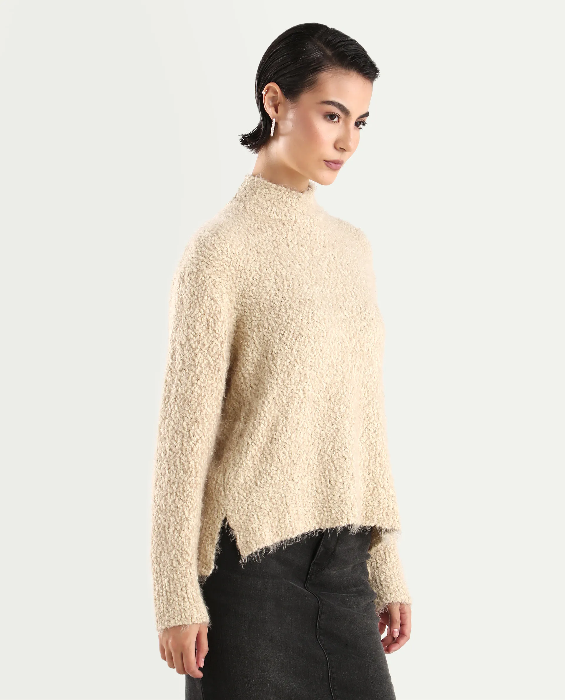 Rareism Women's Danicata Beige Polyester High Neck Plain Relaxed Fit Sweater - Image 6