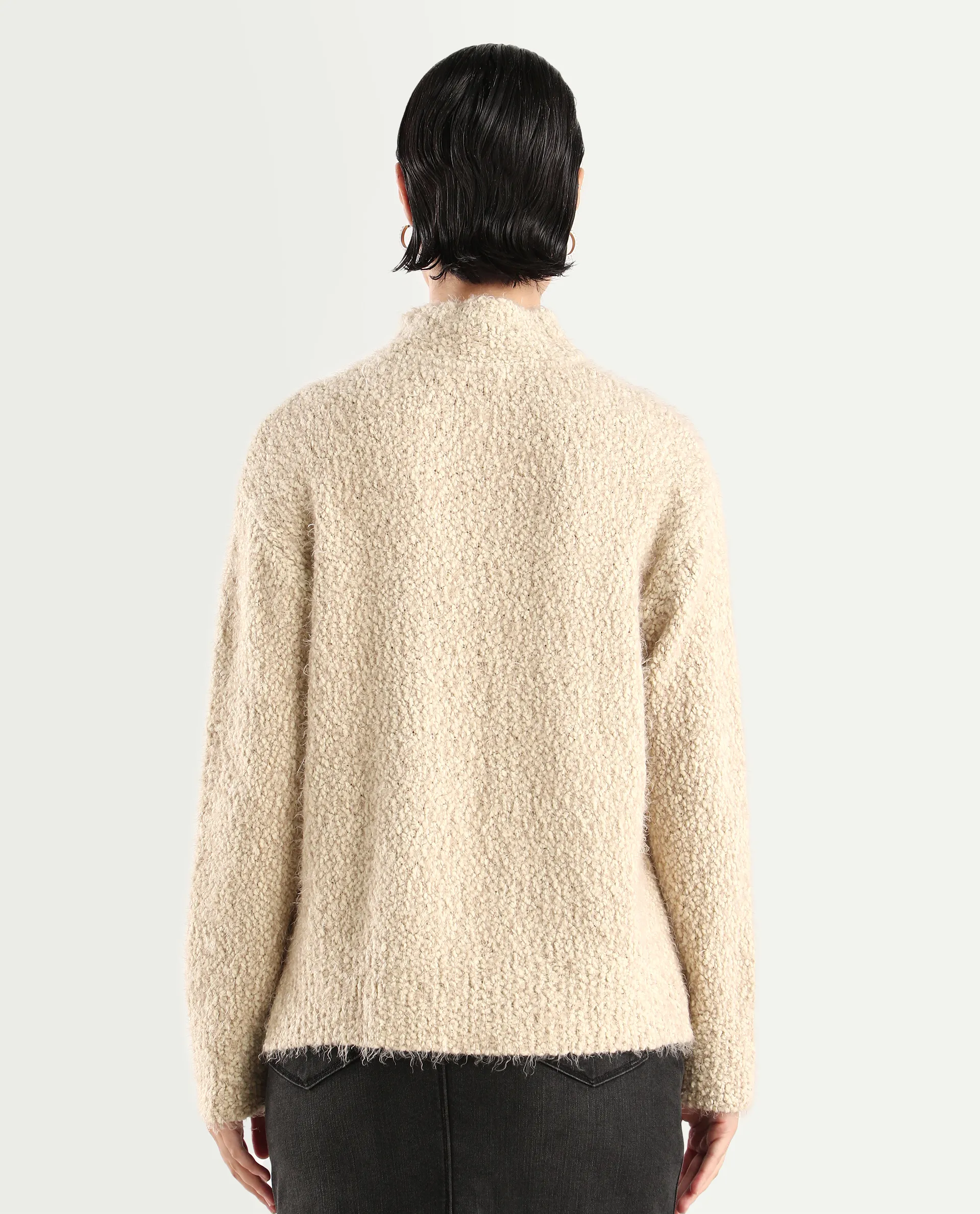 Rareism Women's Danicata Beige Polyester High Neck Plain Relaxed Fit Sweater - Image 7