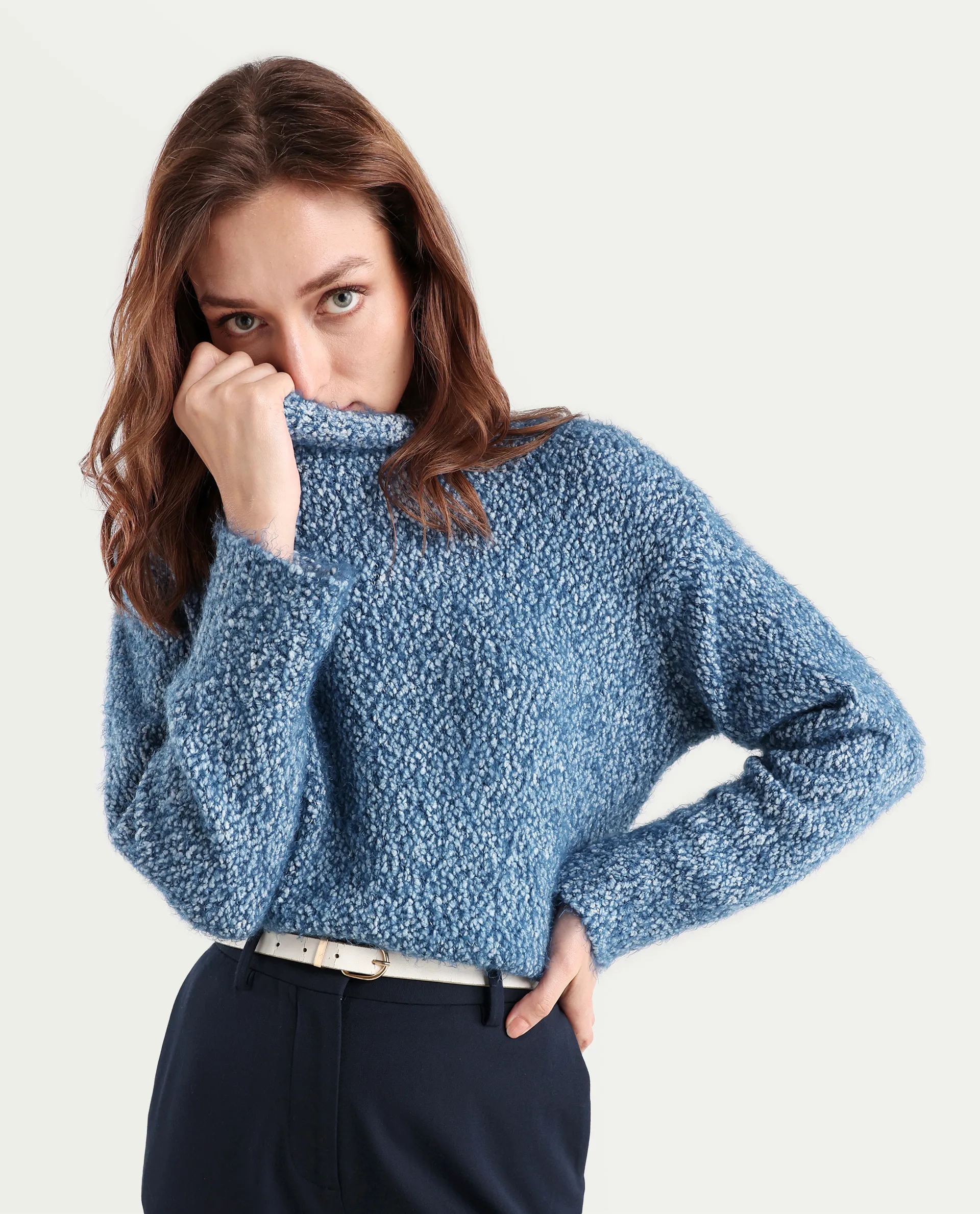 Rareism Women's Danicata Blue Polyester Cowl Neck Plain Relaxed Fit Sweater
