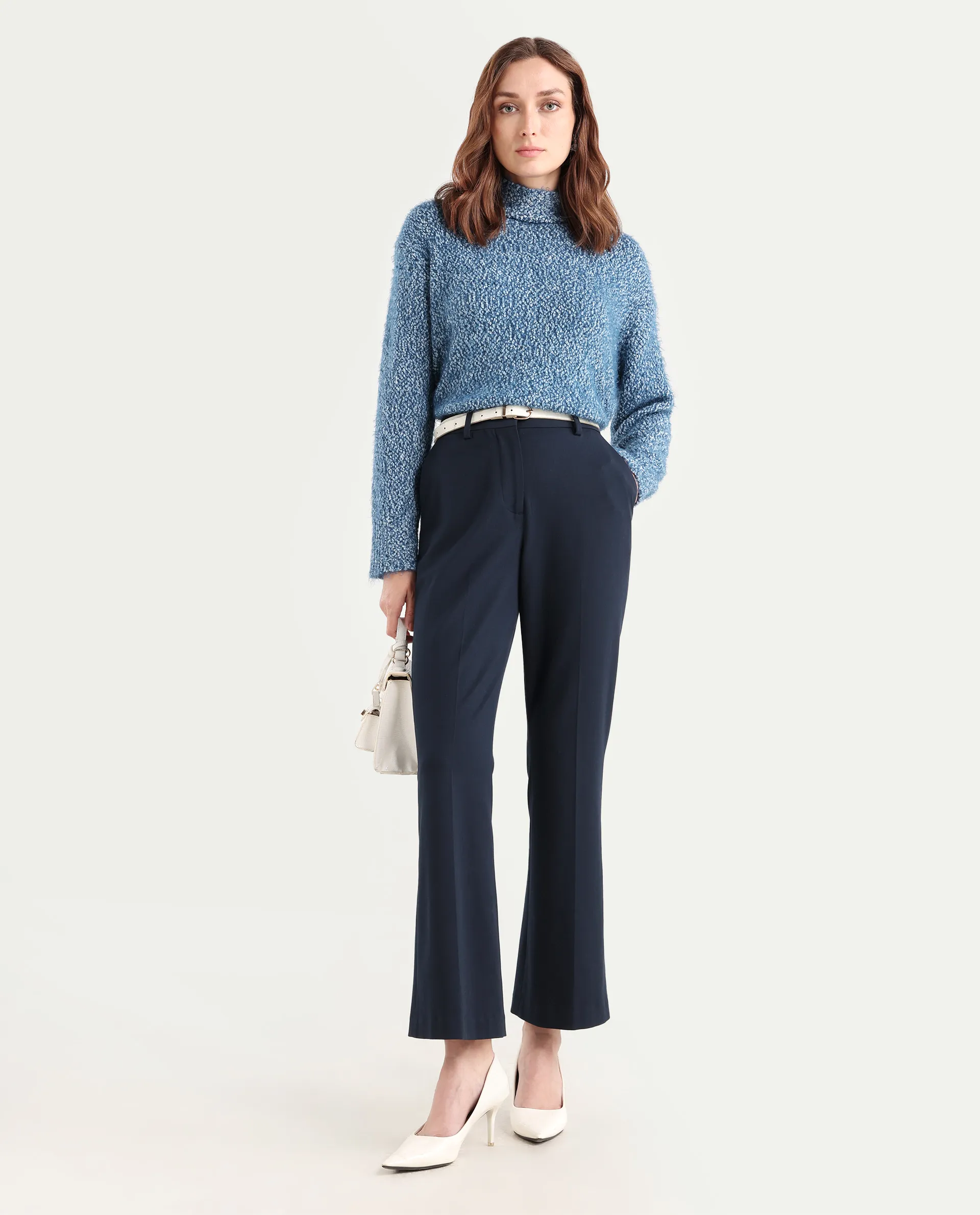 Rareism Women's Danicata Blue Polyester Cowl Neck Plain Relaxed Fit Sweater - Image 2