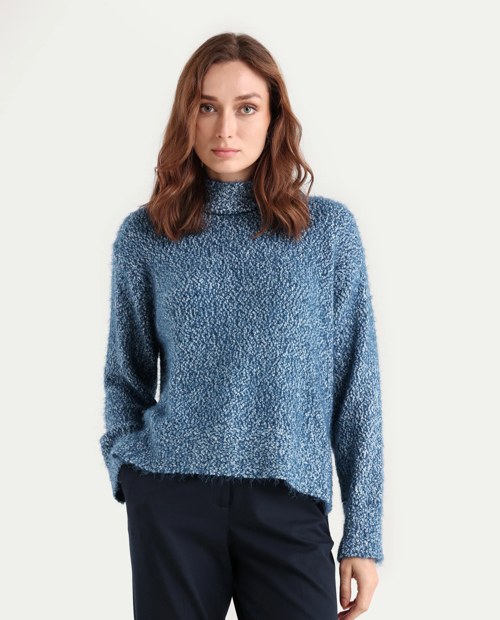 Rareism Women's Danicata Blue Polyester Cowl Neck Plain Relaxed Fit Sweater - Image 3