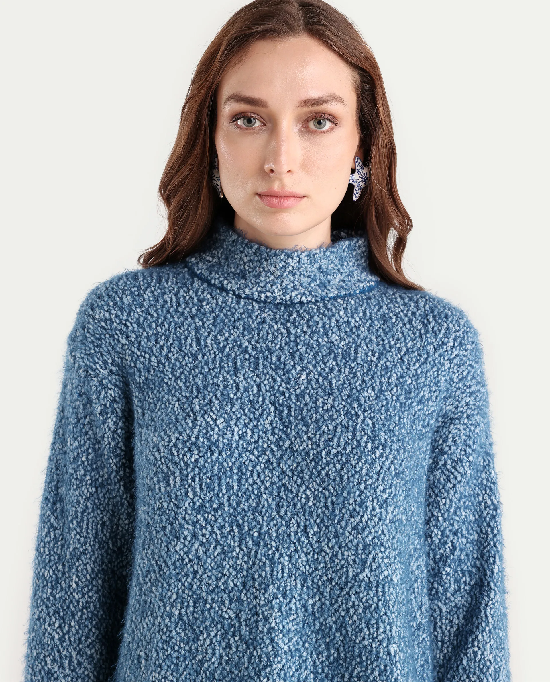 Rareism Women's Danicata Blue Polyester Cowl Neck Plain Relaxed Fit Sweater - Image 4