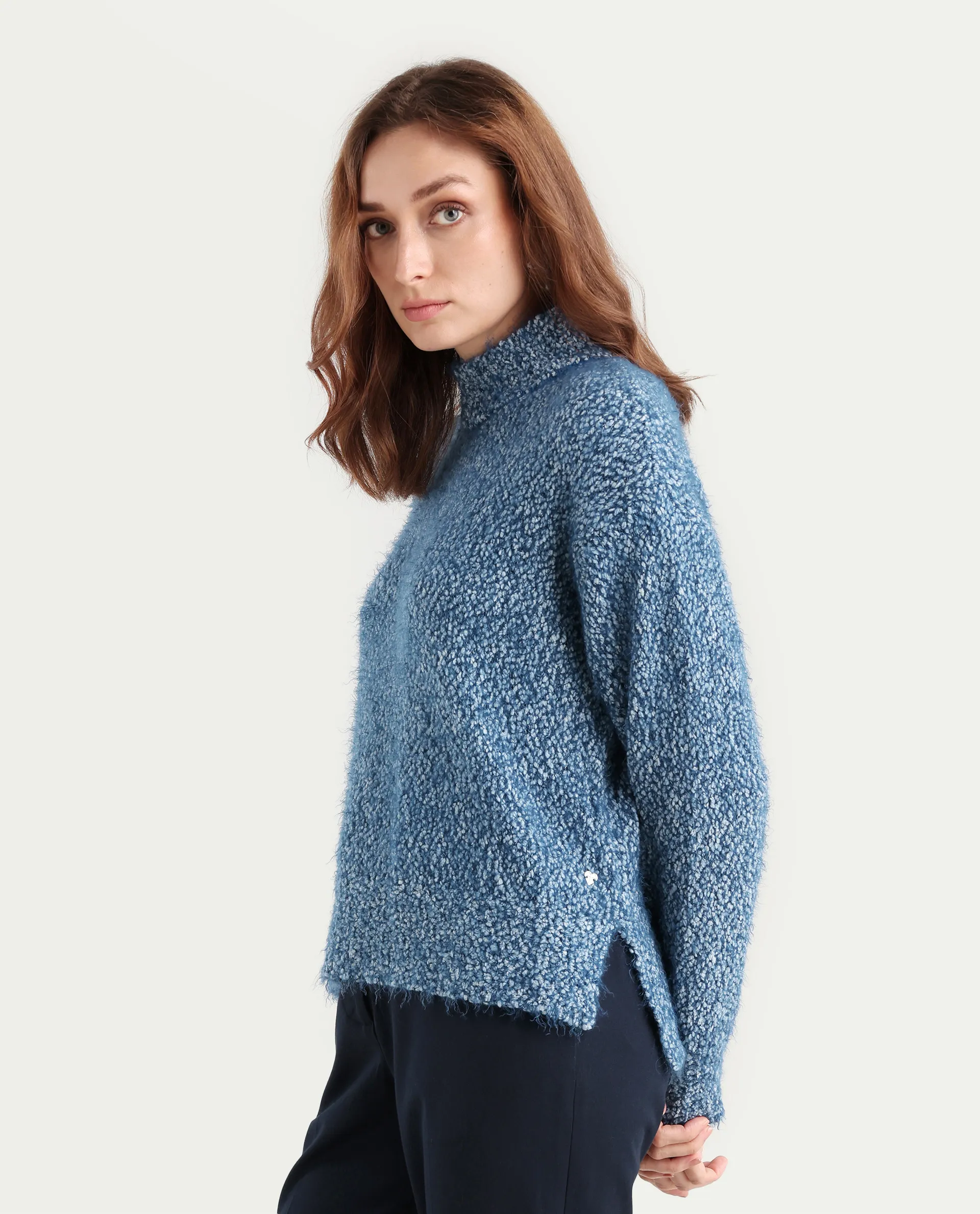 Rareism Women's Danicata Blue Polyester Cowl Neck Plain Relaxed Fit Sweater - Image 6