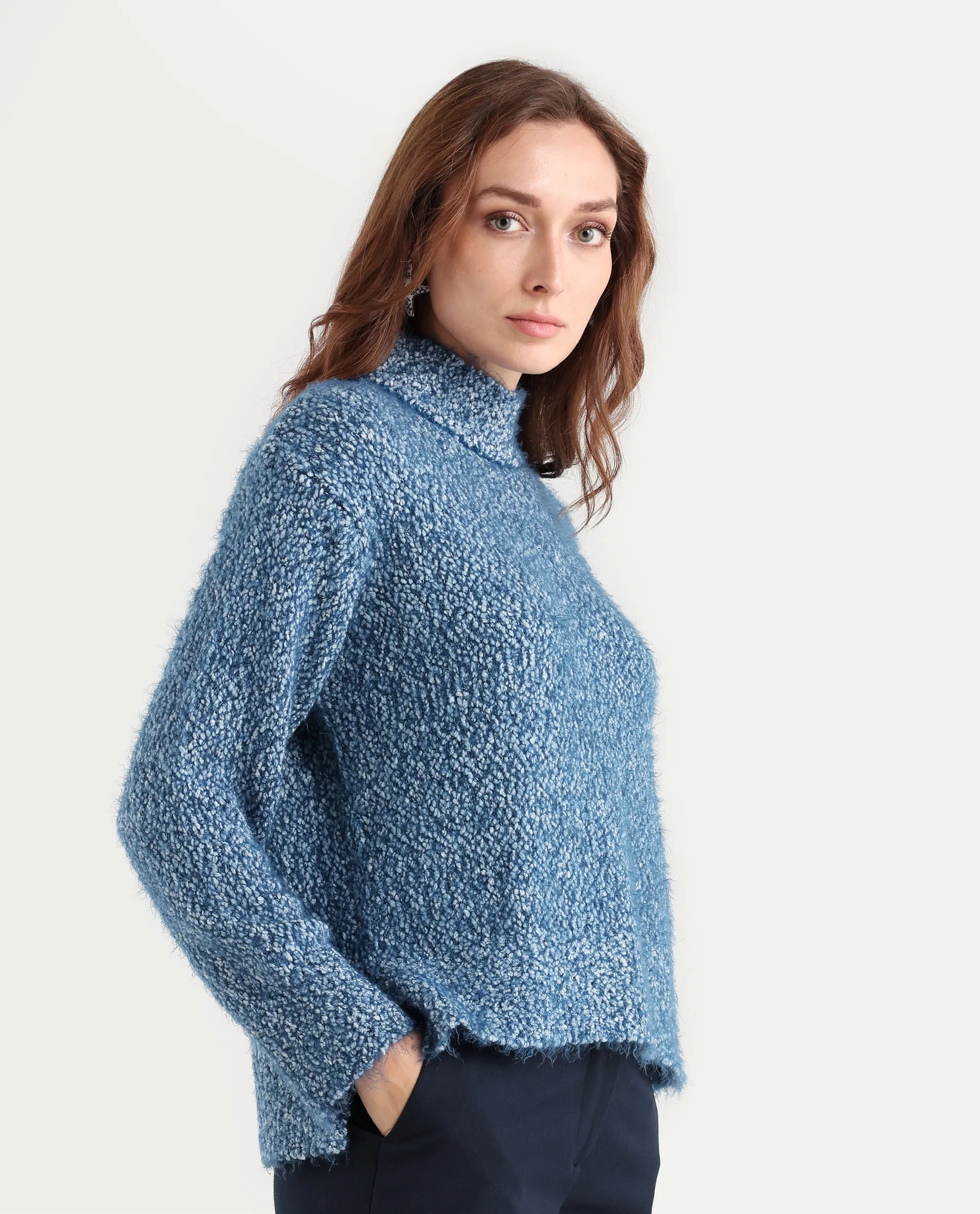 Rareism Women's Danicata Blue Polyester Cowl Neck Plain Relaxed Fit Sweater - Image 7