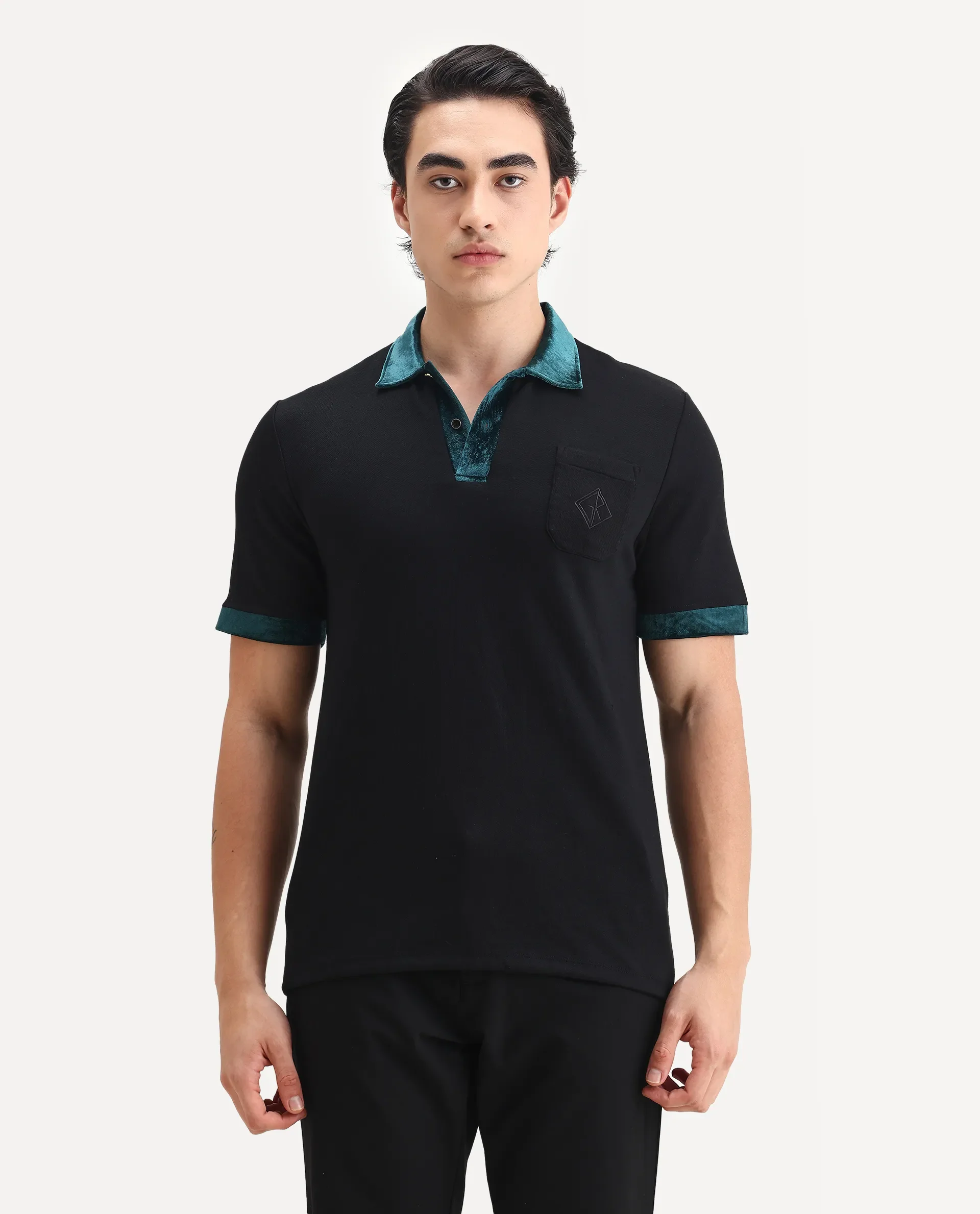 Rare Rabbit Men's Danil-1 Black Cotton Embroidered Regular Fit Half Sleeve Polo - Image 2