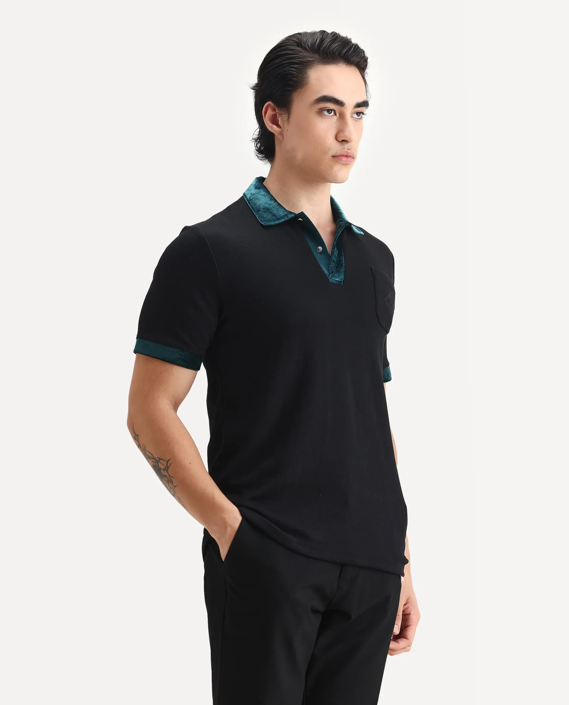 Rare Rabbit Men's Danil-1 Black Cotton Embroidered Regular Fit Half Sleeve Polo - Image 4