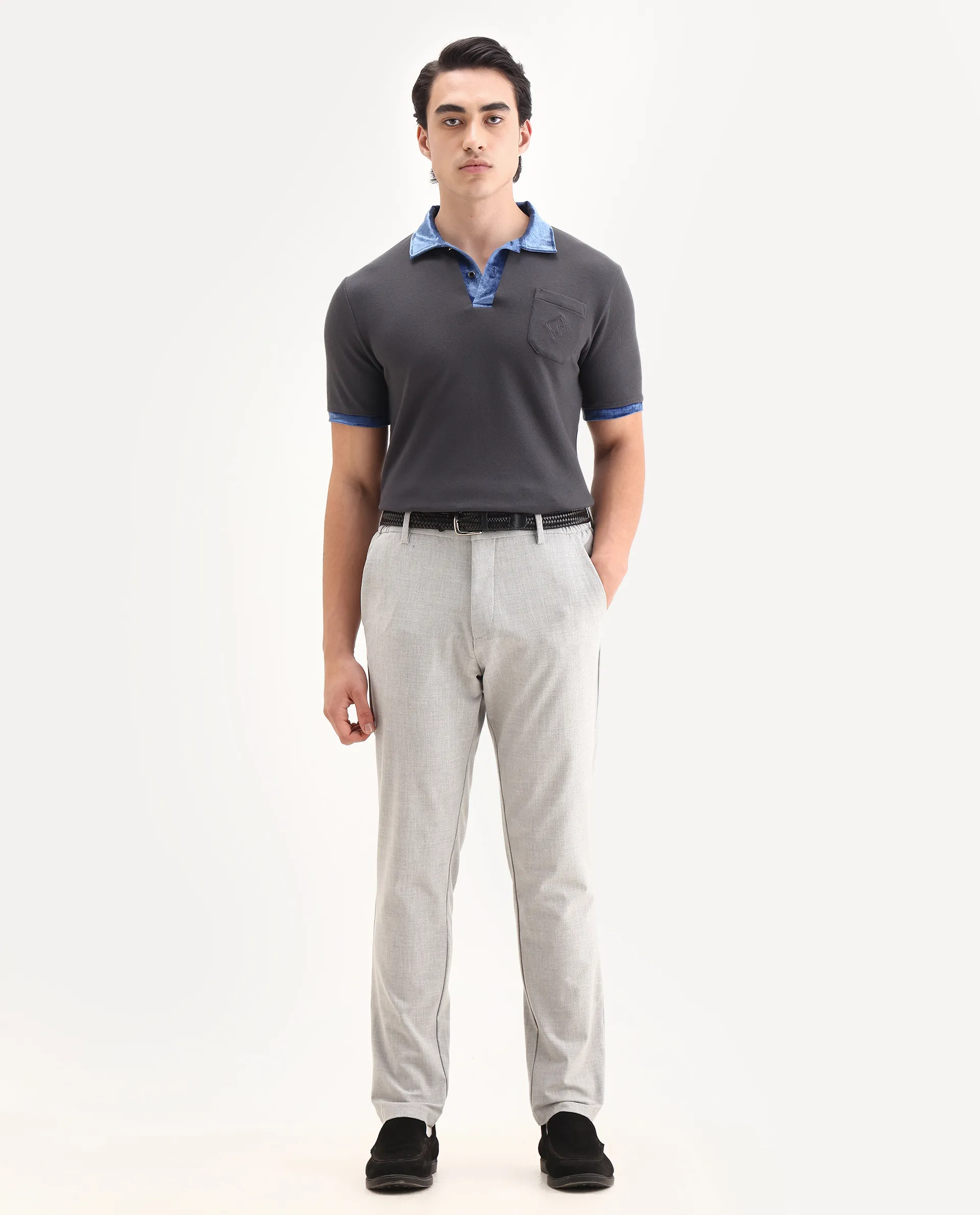 Rare Rabbit Men's Danil-1 Dark Grey Cotton Embroidered Regular Fit Half Sleeve Polo - Image 2