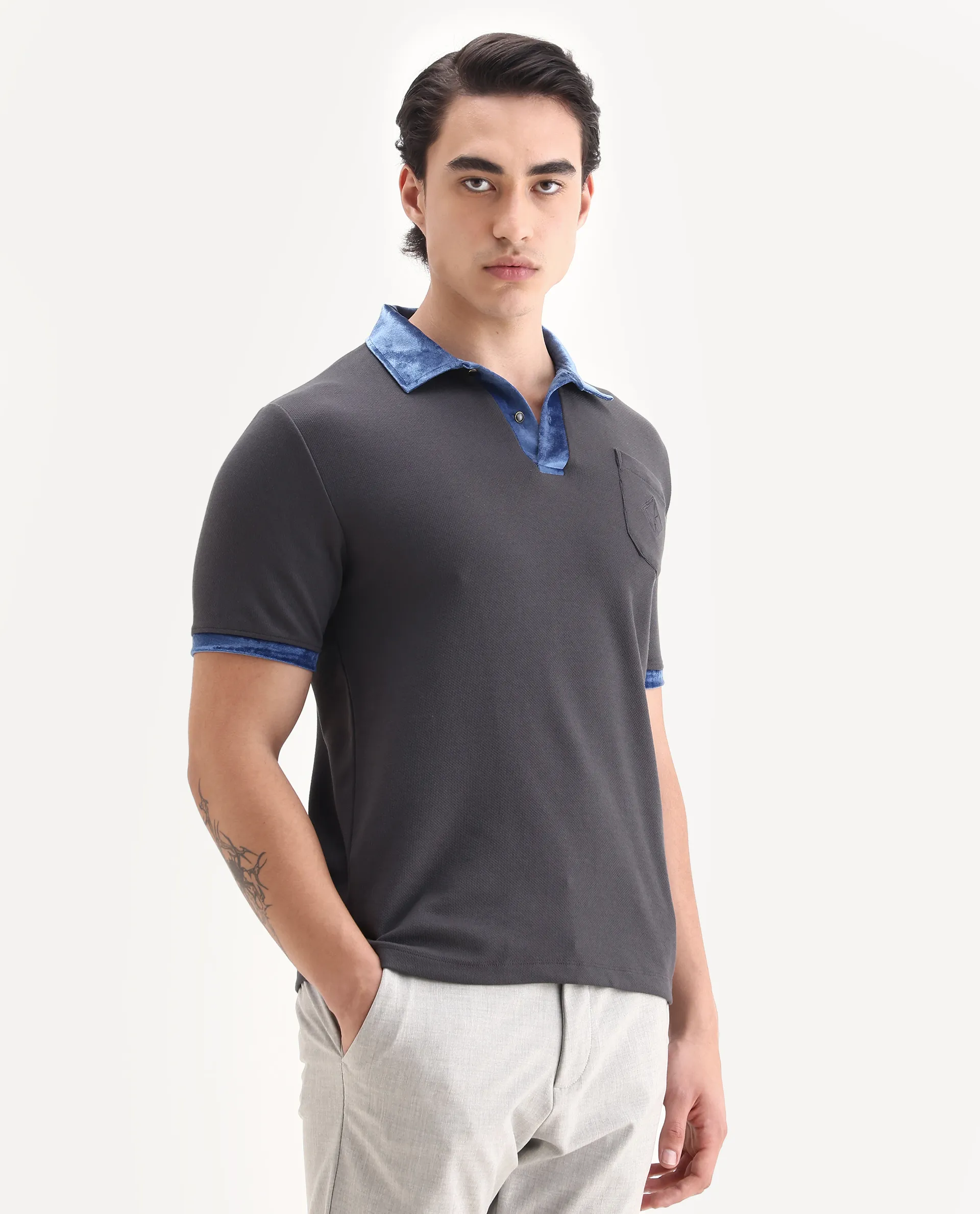 Rare Rabbit Men's Danil-1 Dark Grey Cotton Embroidered Regular Fit Half Sleeve Polo - Image 4