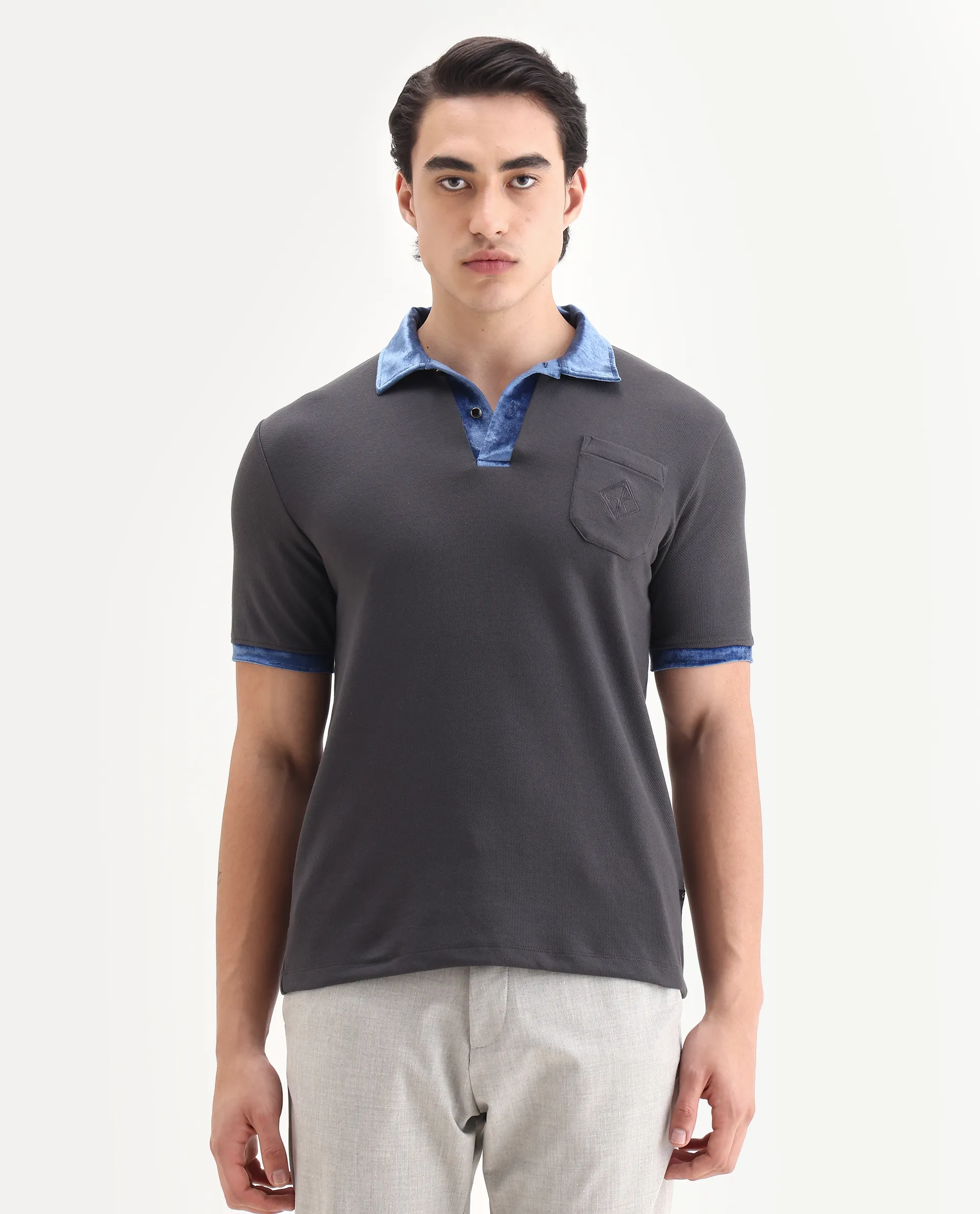 Rare Rabbit Men's Danil-1 Dark Grey Cotton Embroidered Regular Fit Half Sleeve Polo - Image 5