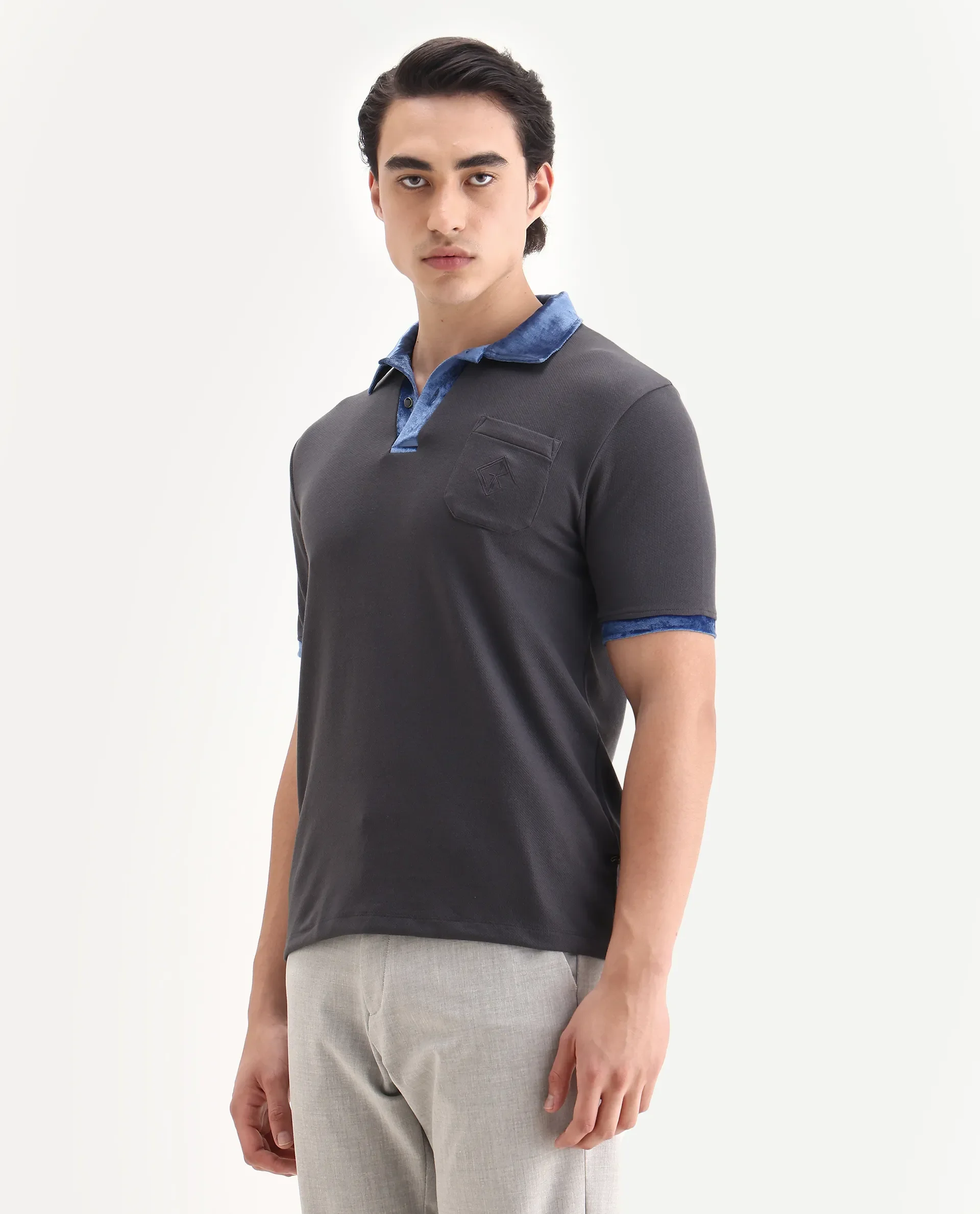 Rare Rabbit Men's Danil-1 Dark Grey Cotton Embroidered Regular Fit Half Sleeve Polo - Image 6