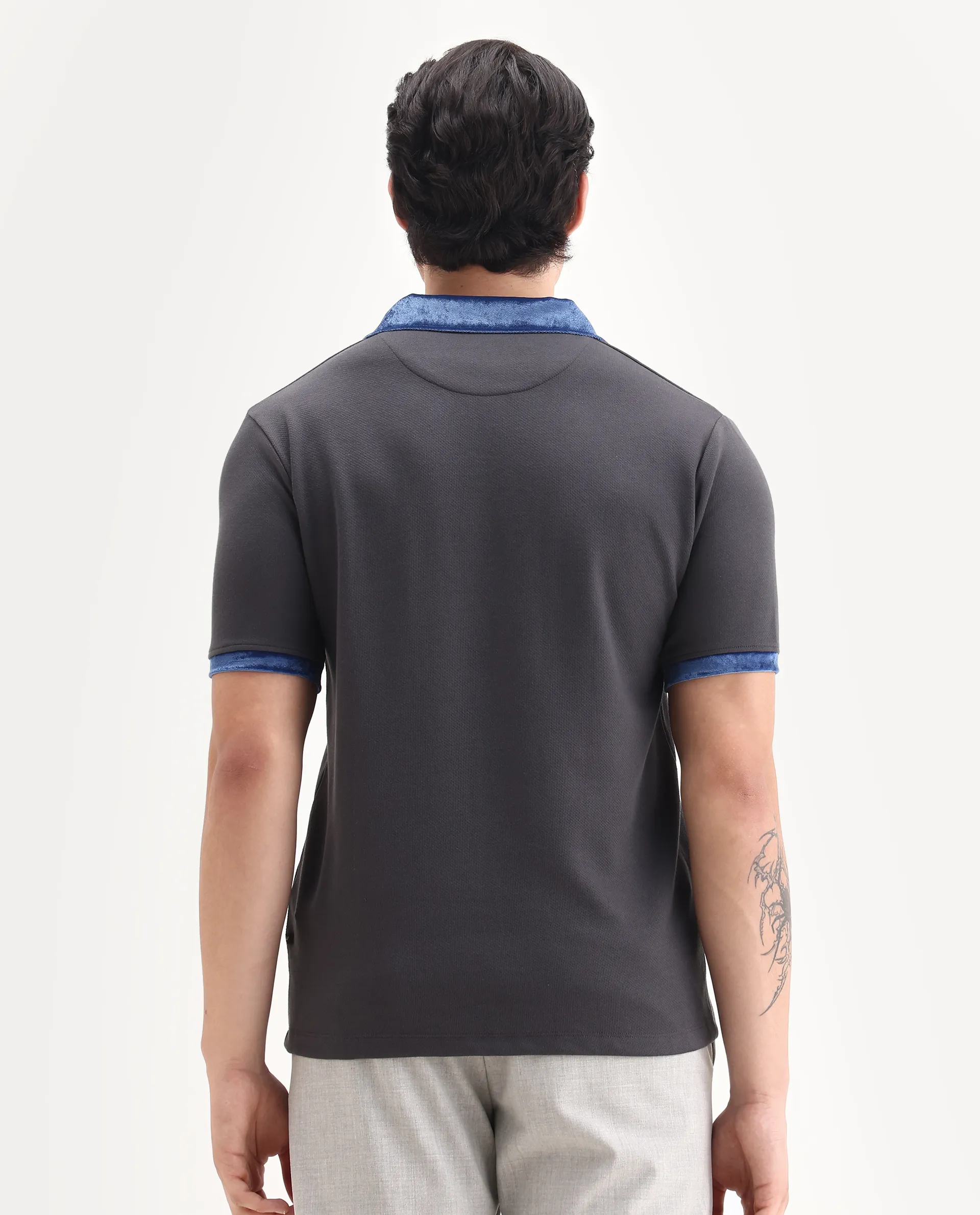 Rare Rabbit Men's Danil-1 Dark Grey Cotton Embroidered Regular Fit Half Sleeve Polo - Image 7