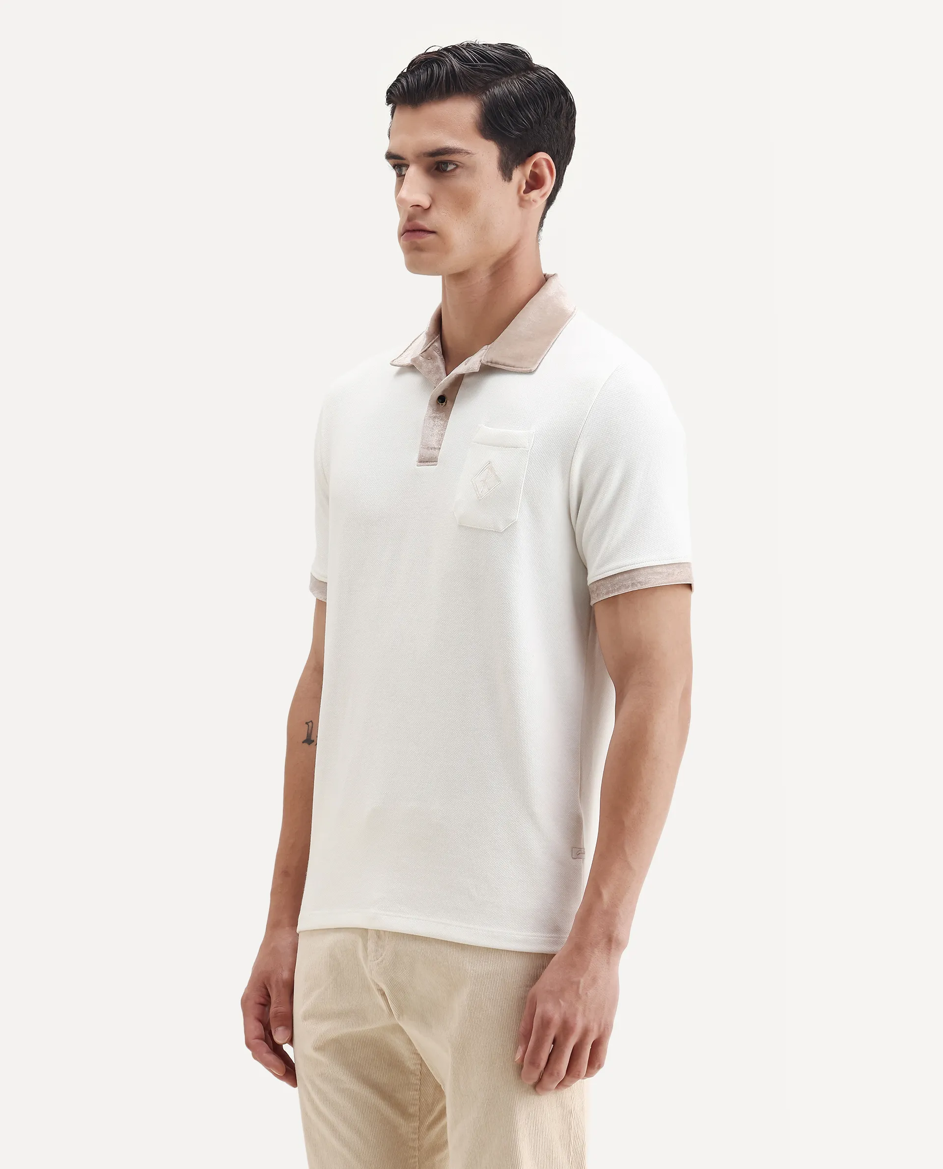 Rare Rabbit Men's Danil-1 Off White Cotton Embroidered Regular Fit Half Sleeve Polo - Image 4