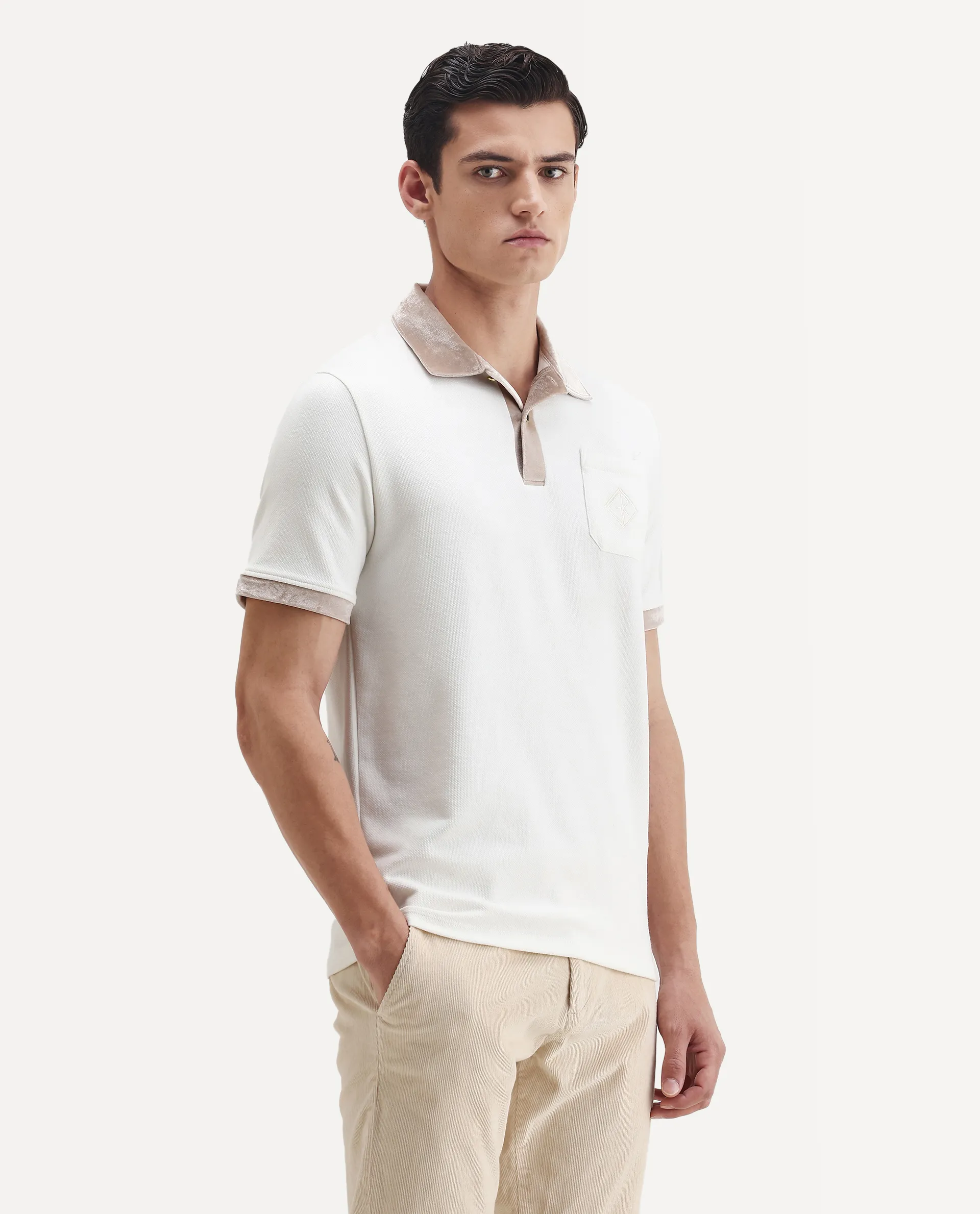 Rare Rabbit Men's Danil-1 Off White Cotton Embroidered Regular Fit Half Sleeve Polo - Image 5
