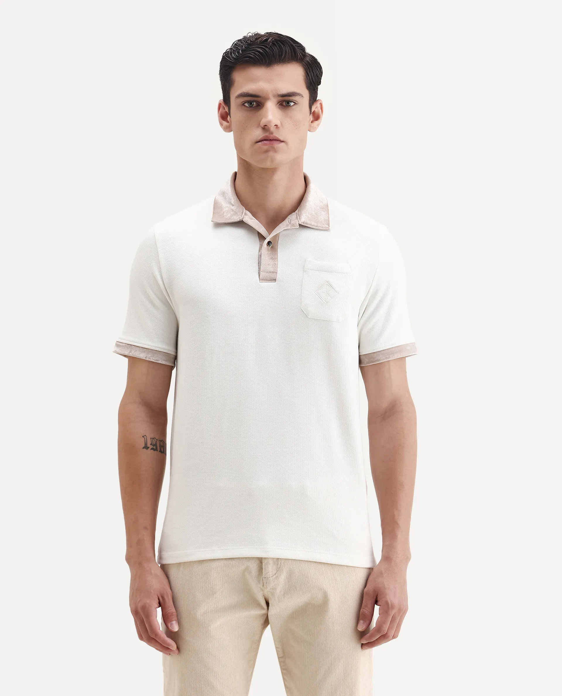 Rare Rabbit Men's Danil-1 Off White Cotton Embroidered Regular Fit Half Sleeve Polo - Image 6