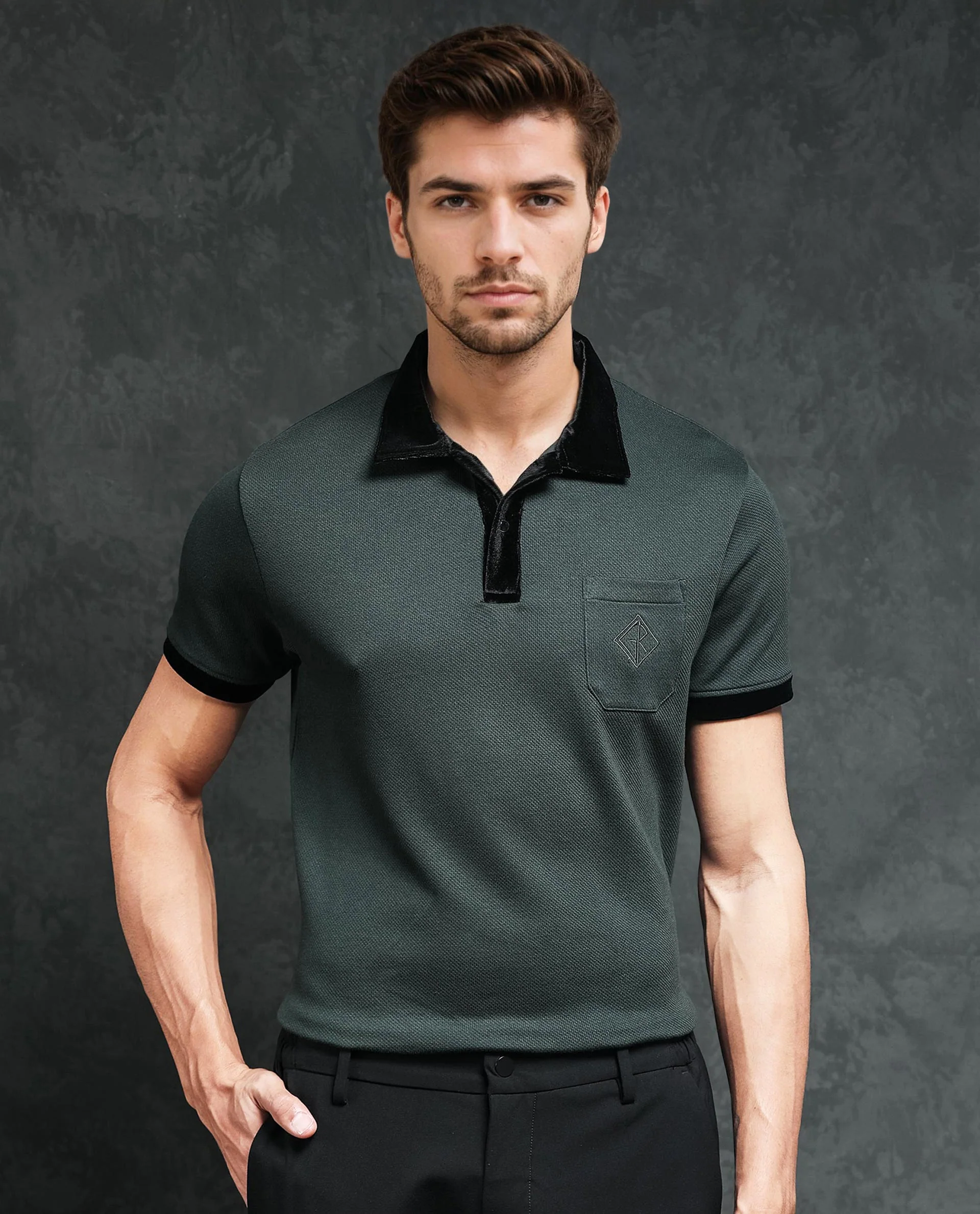 Rare Rabbit Men's Danil Dark Green Cotton Embroidered Regular Fit Half Sleeve Polo