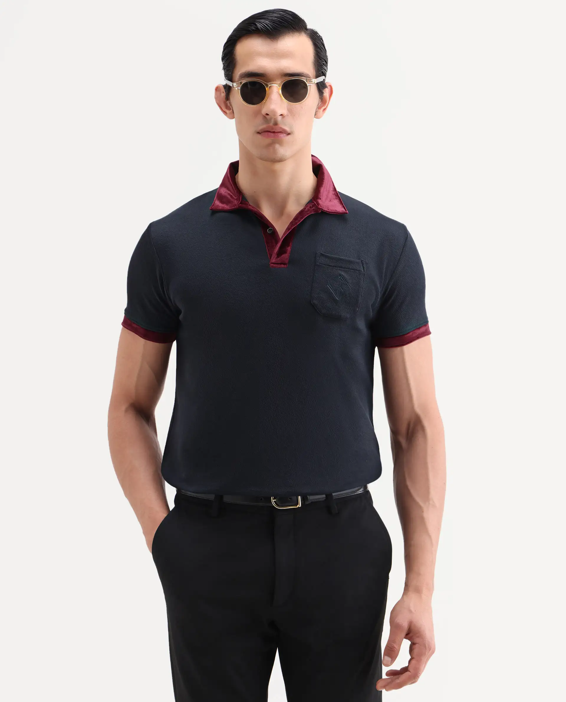 Rare Rabbit Men's Danil Navy Cotton Embroidered Regular Fit Half Sleeve Polo