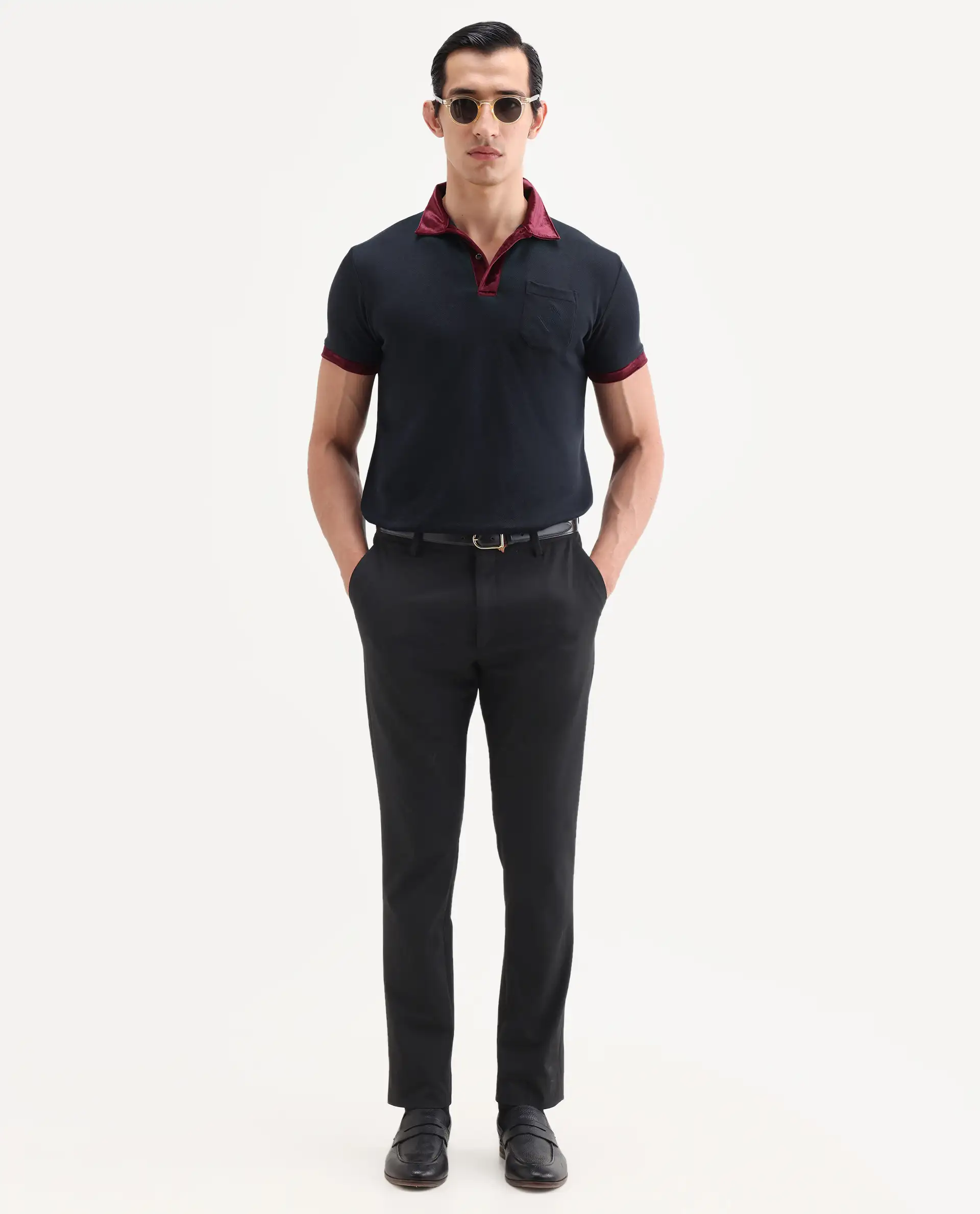 Rare Rabbit Men's Danil Navy Cotton Embroidered Regular Fit Half Sleeve Polo - Image 2