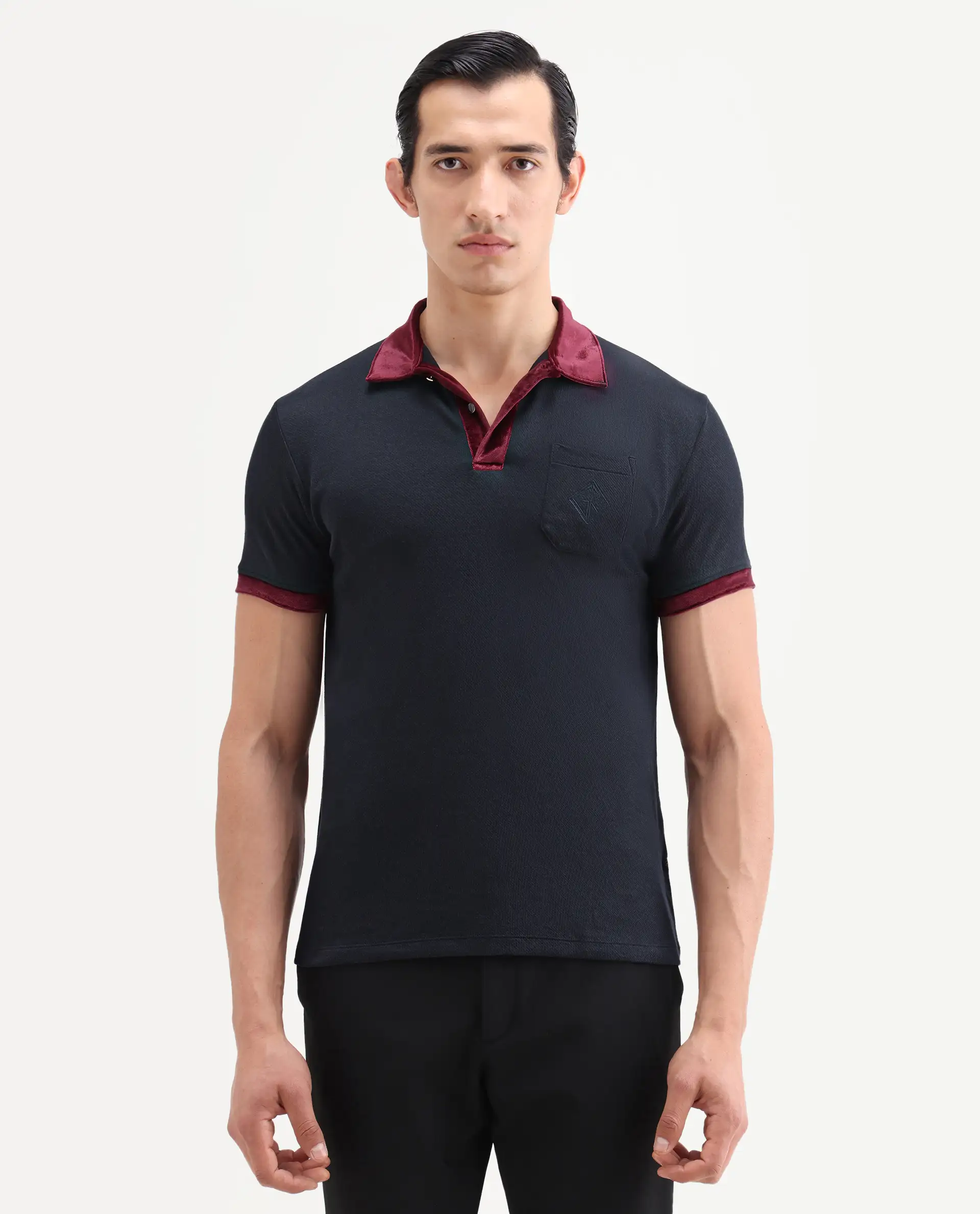 Rare Rabbit Men's Danil Navy Cotton Embroidered Regular Fit Half Sleeve Polo - Image 4