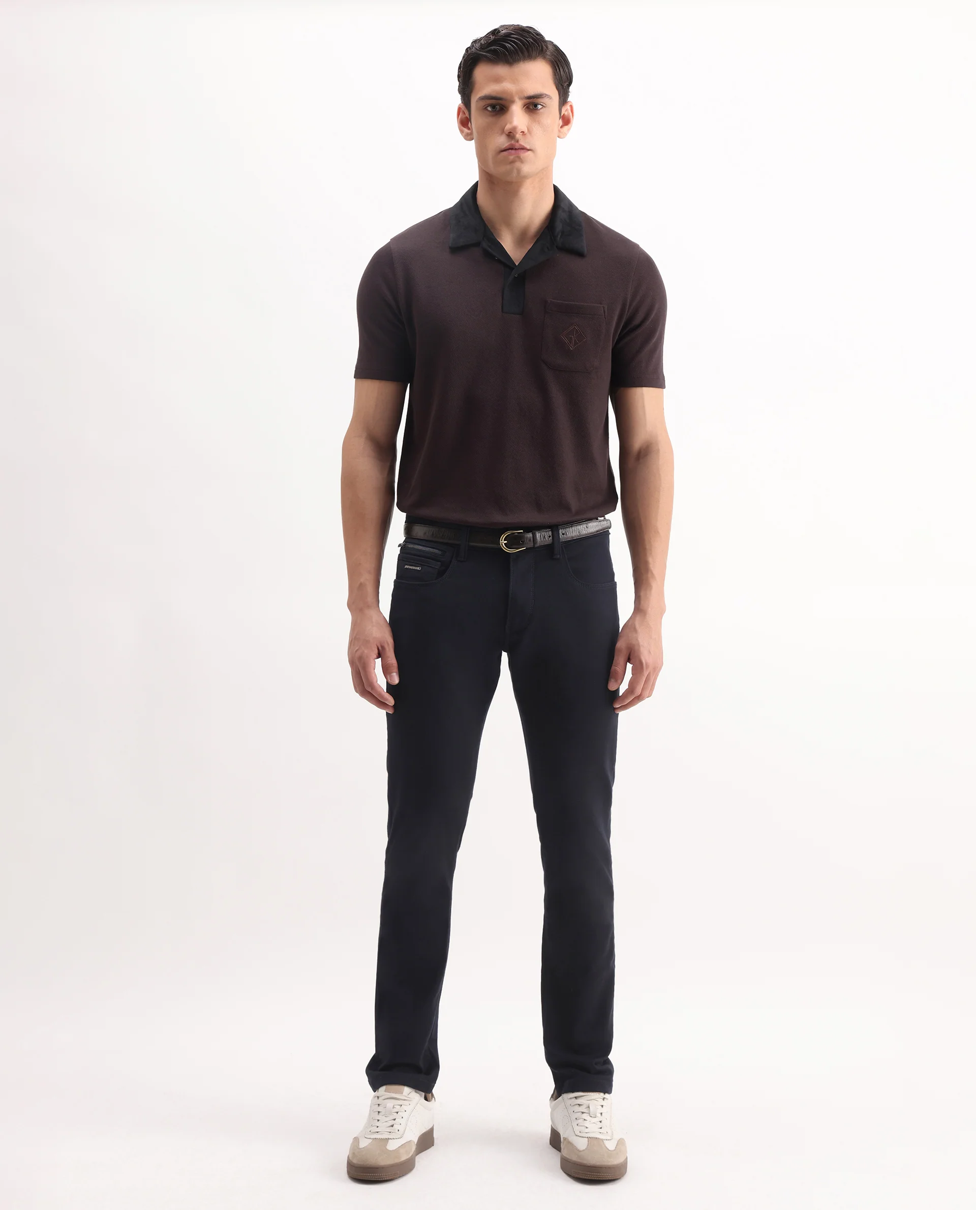 Rare Rabbit Men's Danio Dark Brown Cotton Blend Plain Regular Fit Half Sleeve Polo - Image 2
