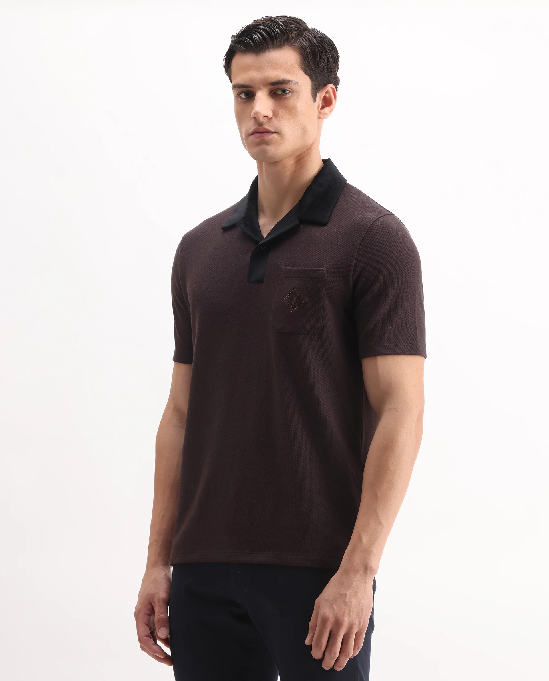 Rare Rabbit Men's Danio Dark Brown Cotton Blend Plain Regular Fit Half Sleeve Polo - Image 4
