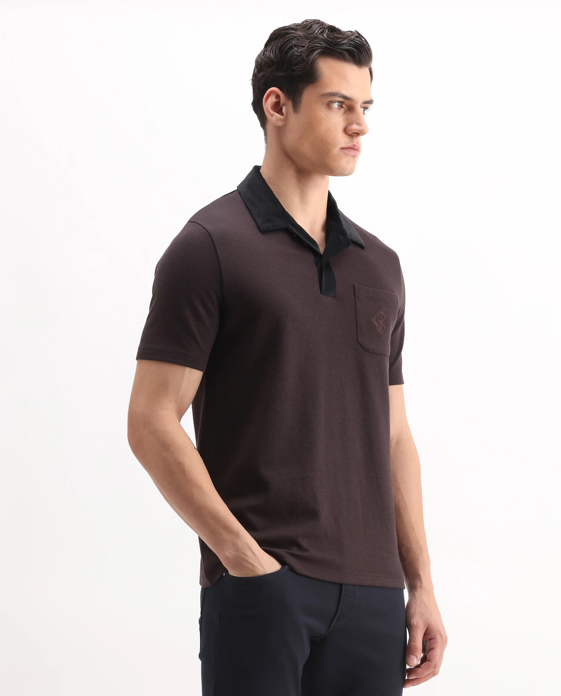 Rare Rabbit Men's Danio Dark Brown Cotton Blend Plain Regular Fit Half Sleeve Polo - Image 5