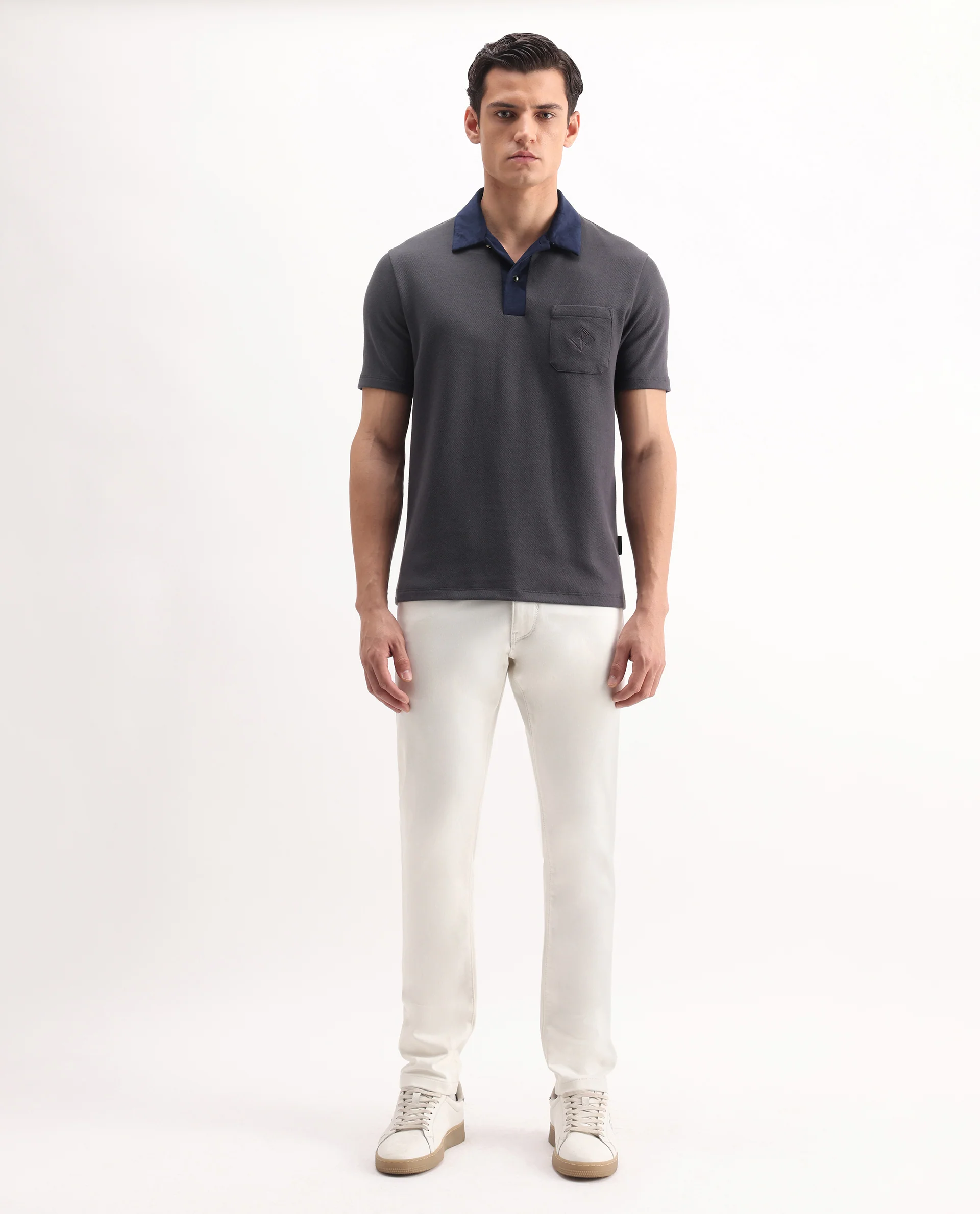 Rare Rabbit Men's Danio Dark Grey Cotton Blend Plain Regular Fit Half Sleeve Polo - Image 2