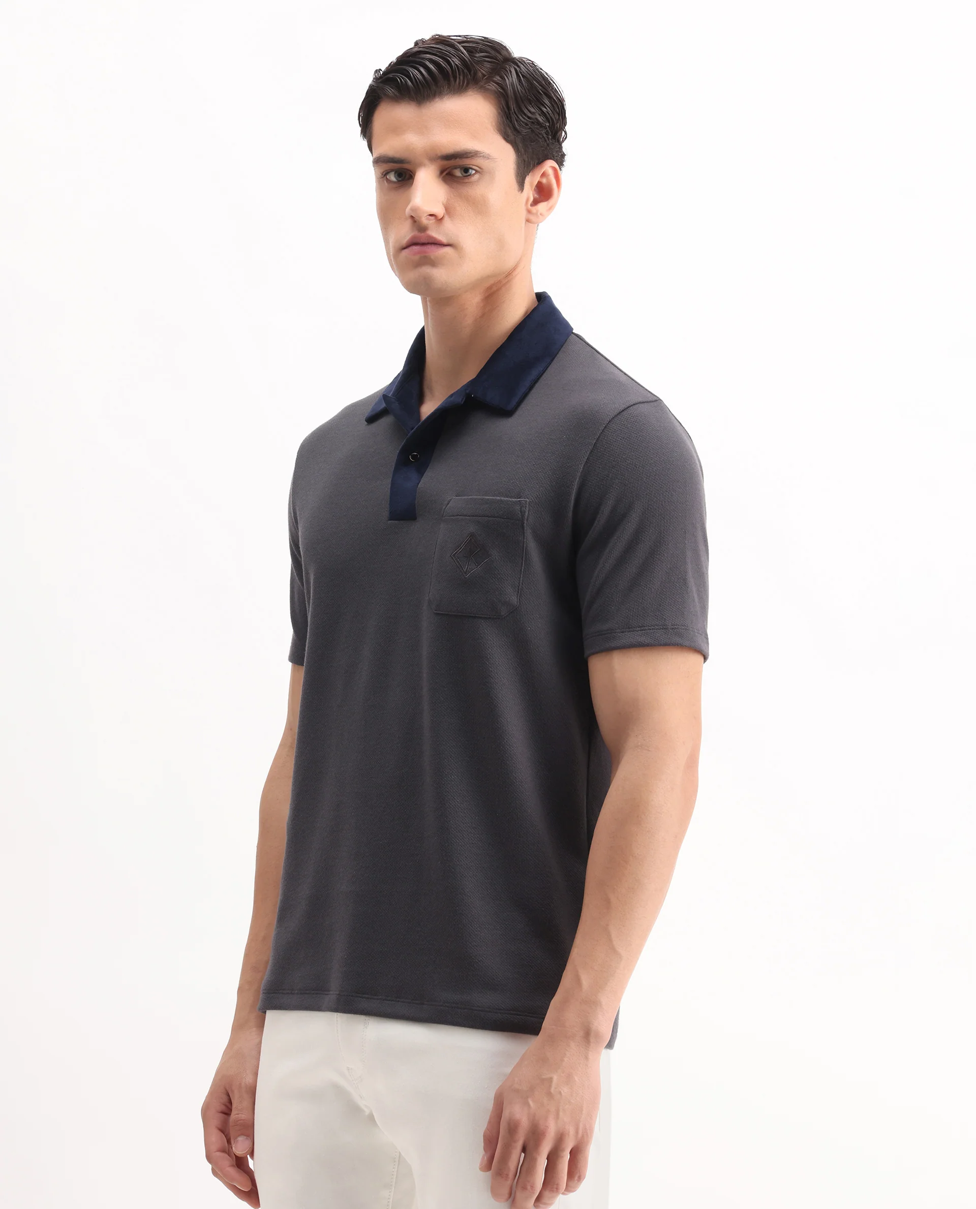 Rare Rabbit Men's Danio Dark Grey Cotton Blend Plain Regular Fit Half Sleeve Polo - Image 4