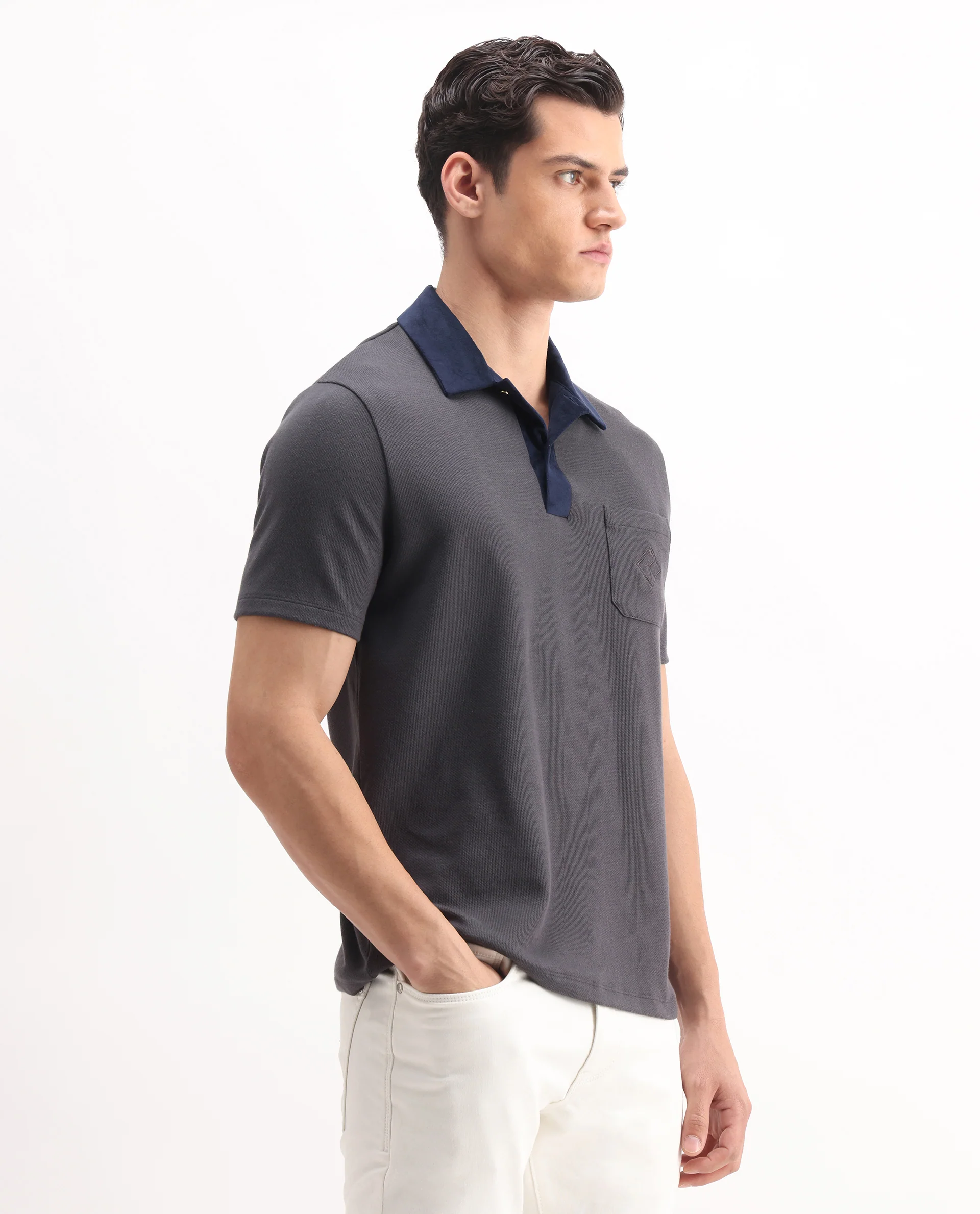 Rare Rabbit Men's Danio Dark Grey Cotton Blend Plain Regular Fit Half Sleeve Polo - Image 5