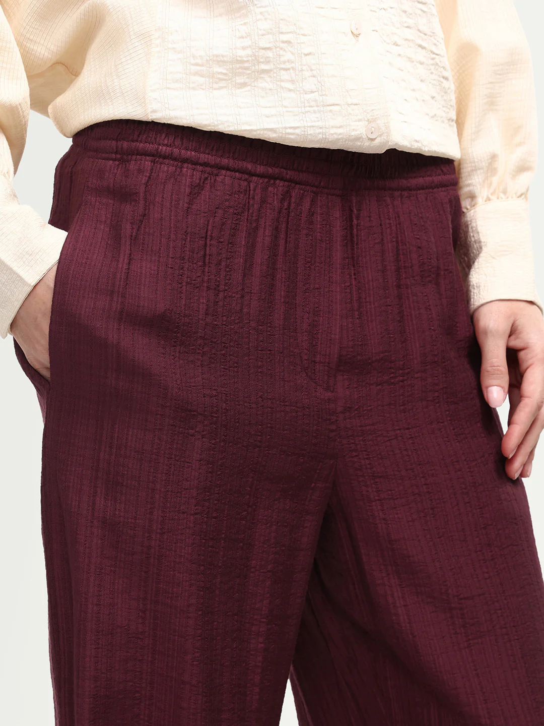 Rareism Women's Dano-B Maroon Viscose Blend Drawstring Wide Plain Trouser - Image 3