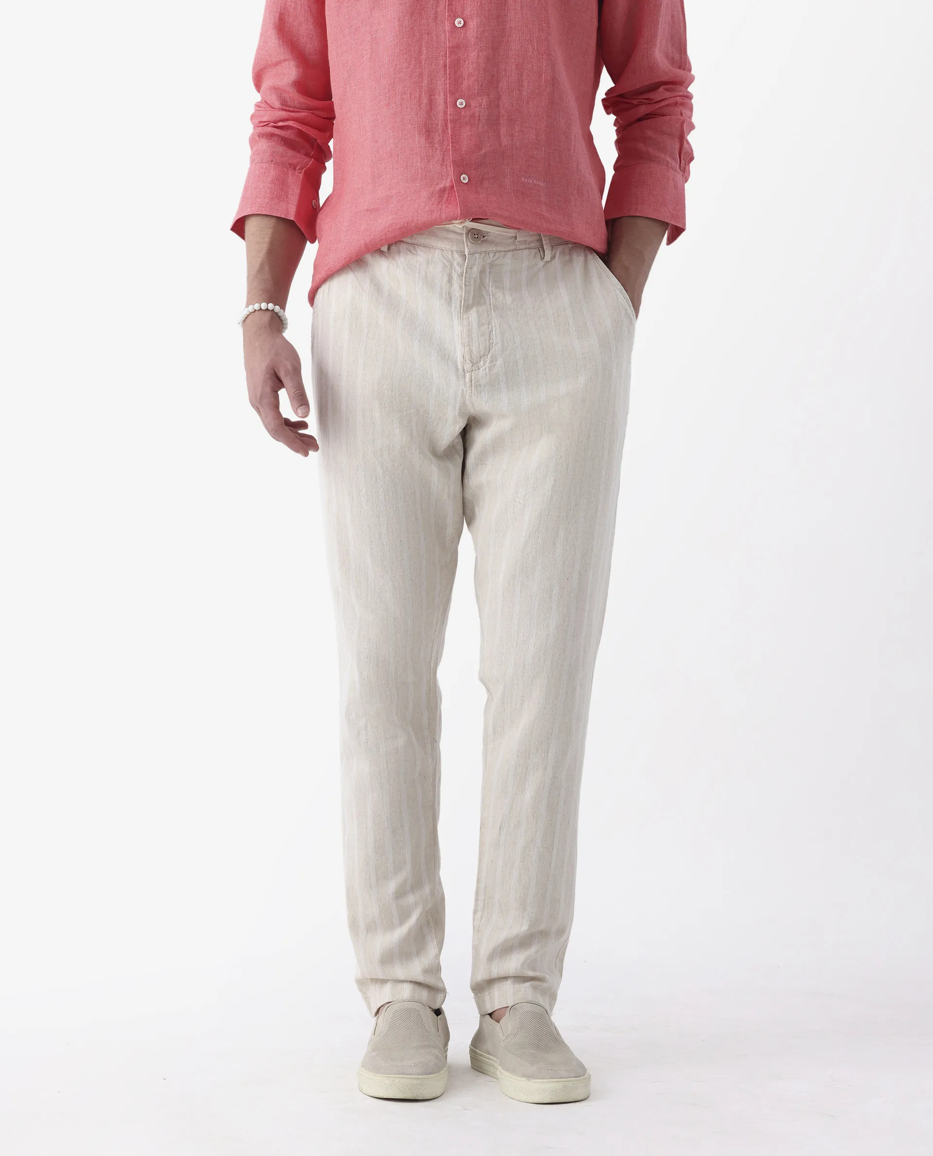 Rare Rabbit Men's Dano Beige Linen Blend Striped Print Regular Fit Trouser - Image 2