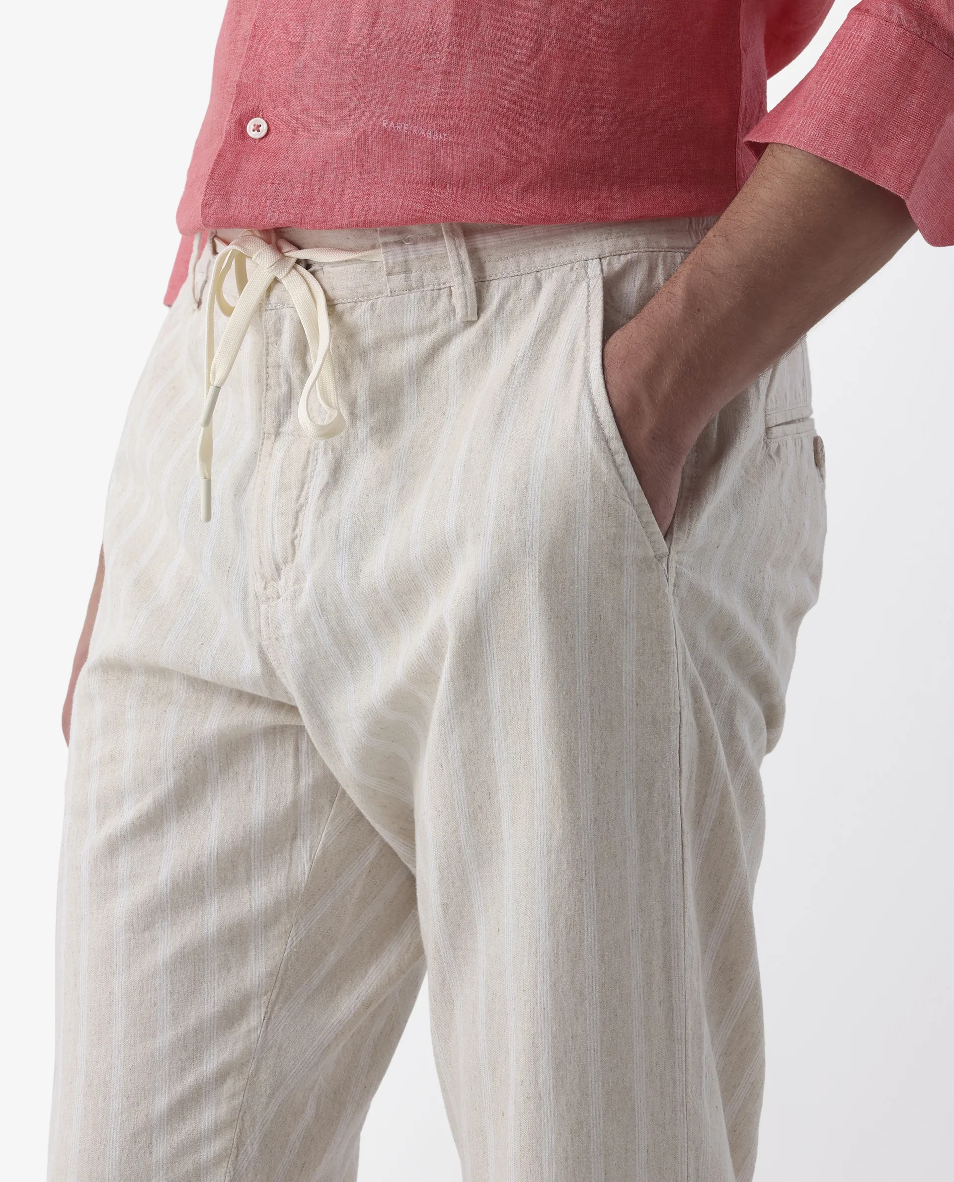 Rare Rabbit Men's Dano Beige Linen Blend Striped Print Regular Fit Trouser - Image 3